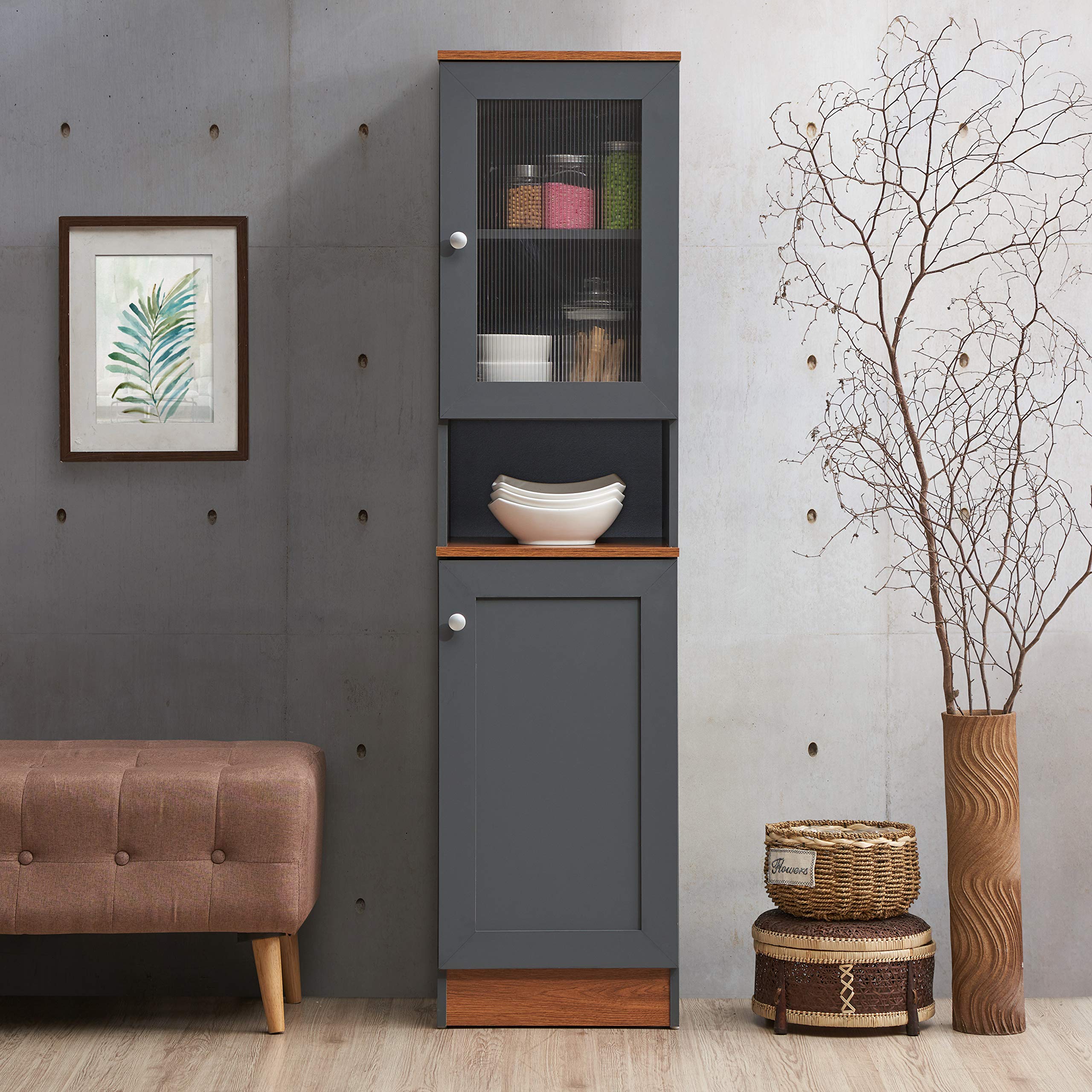 Hodedah 63 Inch Tall Open Shelf Kitchen Pantry with Enclosed Storage - Grey Oak Finish for Small Spaces, Apartment & Home Organization