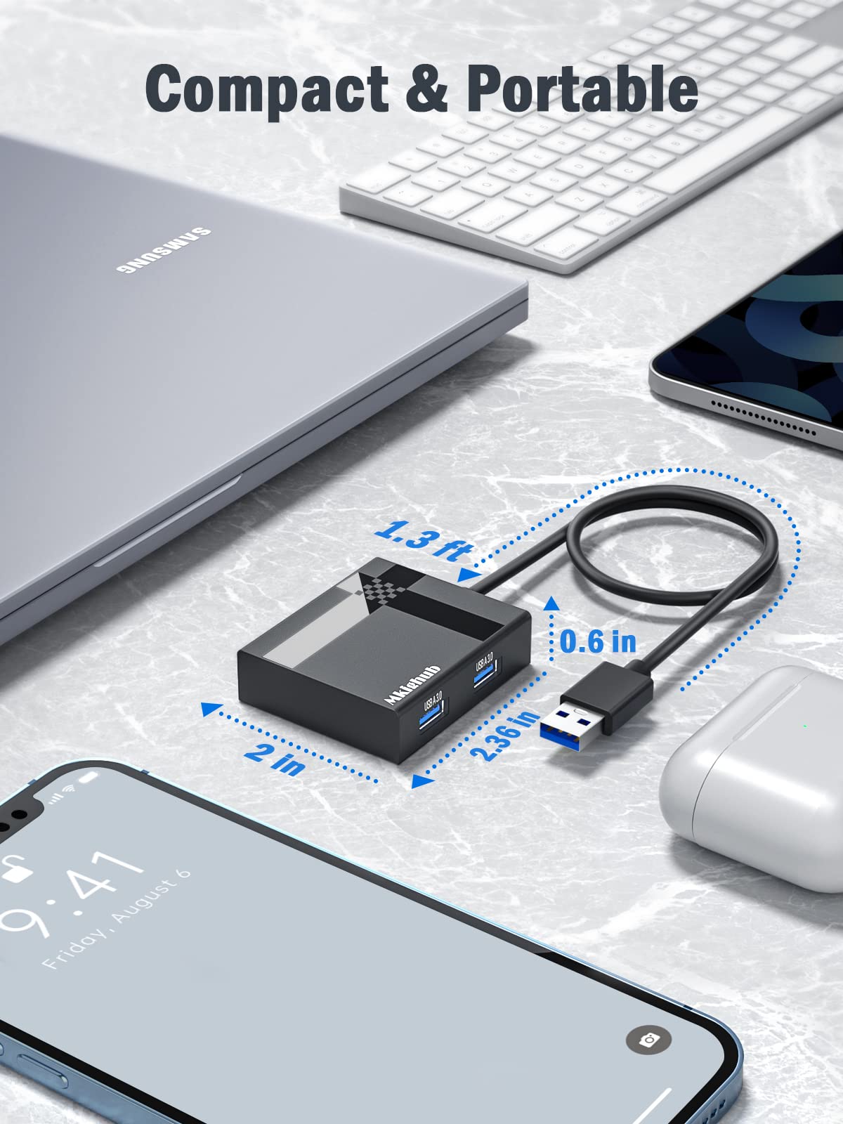 4-Port USB 3.0 Hub - Fast Data Transfer for Laptop & PC - Works with MacBook, Surface Pro, XPS