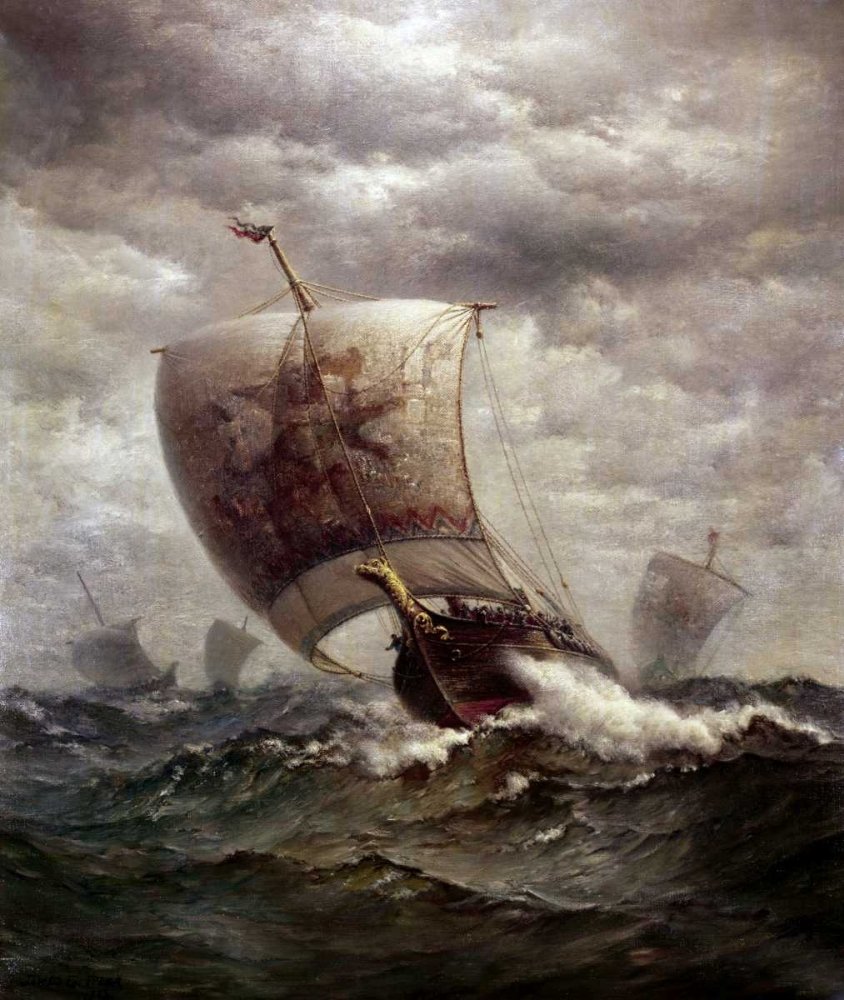 Viking Ships at Sea Fine Art Print by James Gale Tyler - 37x31 Inch Coastal Wall Decor for Living Room, Office & Bedroom - Ready to Frame