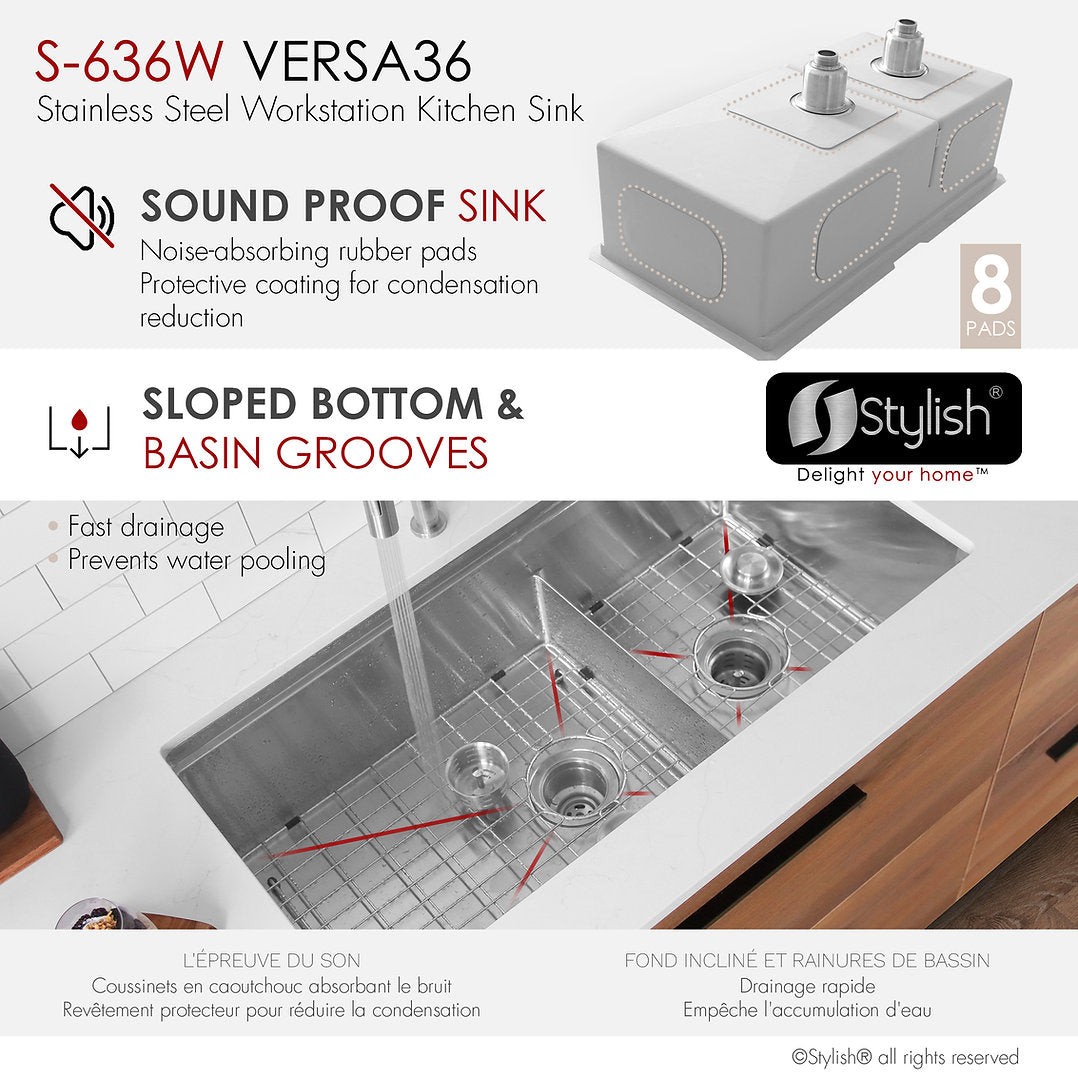 Premium 36-Inch VERSA36 S 636W Stainless Steel Undermount Double Bowl Kitchen Sink with Accessories - Perfect for Modern Kitchens, Food Prep & Dishwashing