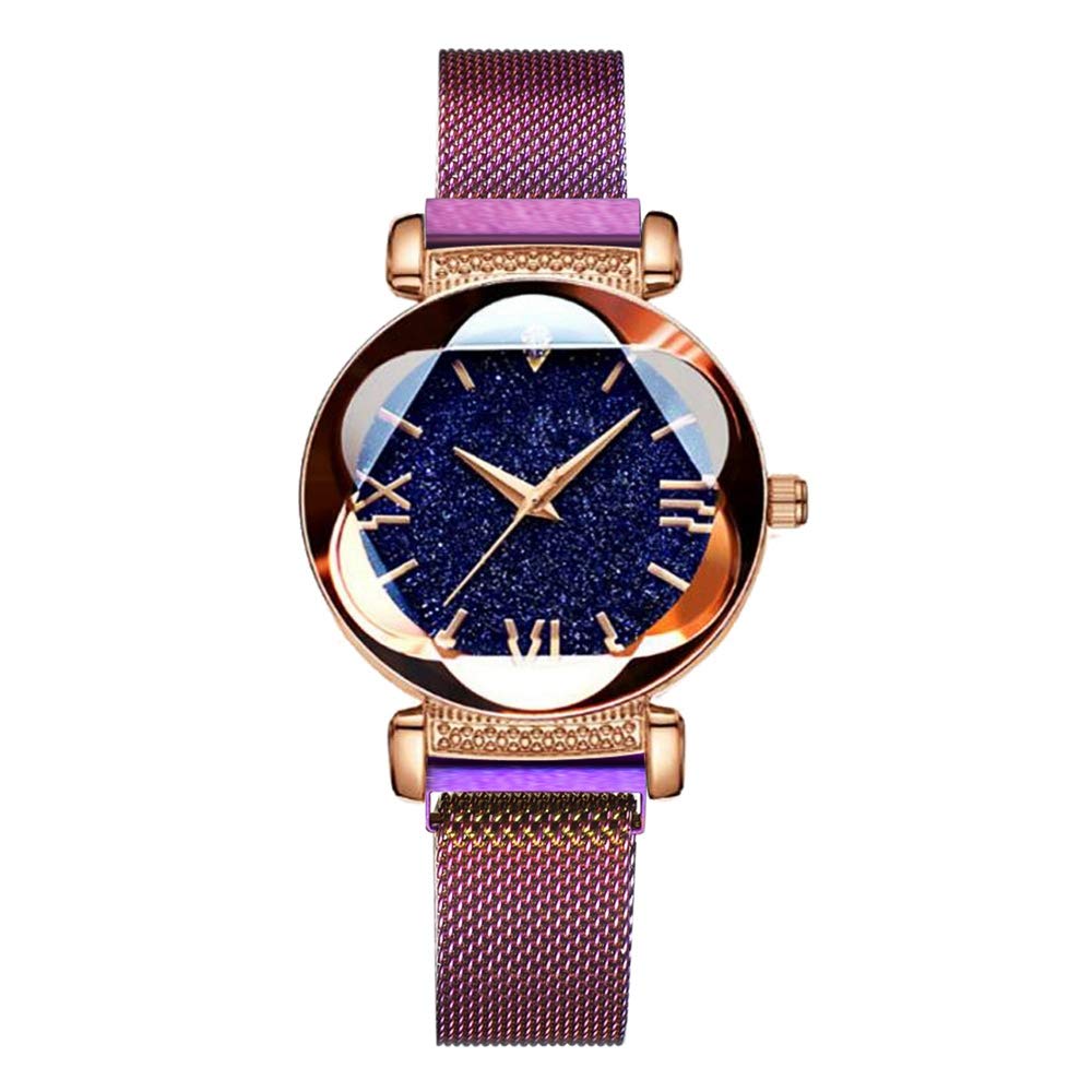 OUMIFA Luxury Rose Gold Women's Watch with Diamond Accents - Waterproof Starry Sky Magnetic Wristwatch for Ladies - Elegant Purple Gift Watch for Daily Wear, Office & Special Occasions