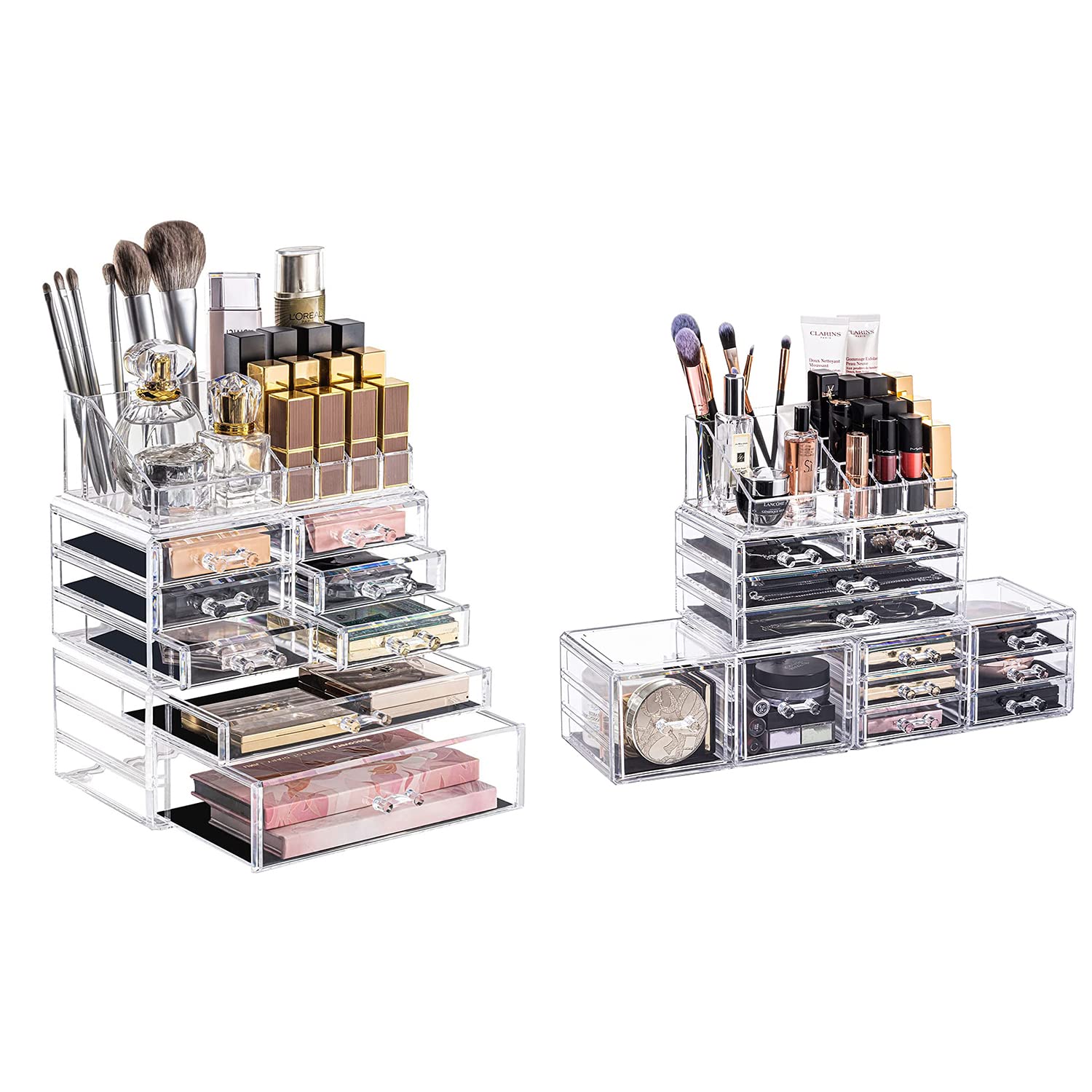 DreamGenius Acrylic Makeup Organizer Set - 3-Tier Cosmetic Storage Drawers & 4-Piece Stackable Display Case with 12 Drawers for Lipstick, Jewelry & Makeup Brushes | Perfect for Vanity, Bathroom & Travel Organization