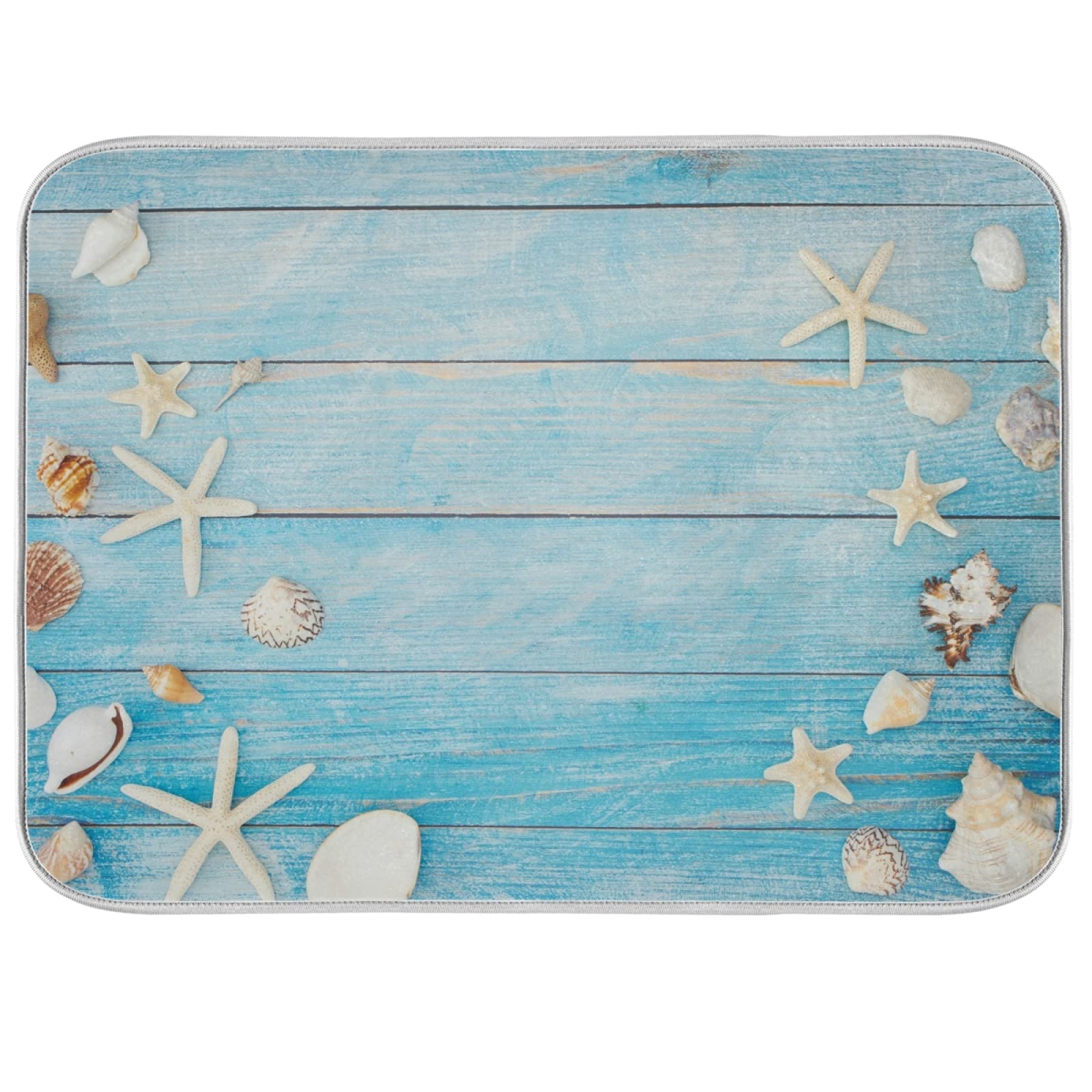 Susiyo Seashell Starfish Design Absorbent Kitchen Drying Mat - 18x24 Inch Blue Wooden Dish Drainer Pad for Countertop, Perfect for Coastal-Themed Kitchens and Beach House Decor