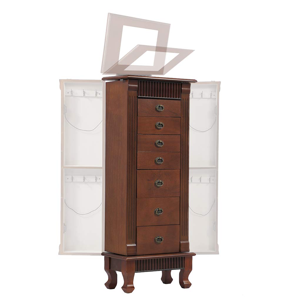 FDW Wooden Jewelry Cabinet with 7 Drawers, Side Doors & Makeup Mirror - Jewelry Storage Organizer & Armoire for Necklaces, Rings, Earrings - Perfect for Bedroom, Closet & Vanity Organization