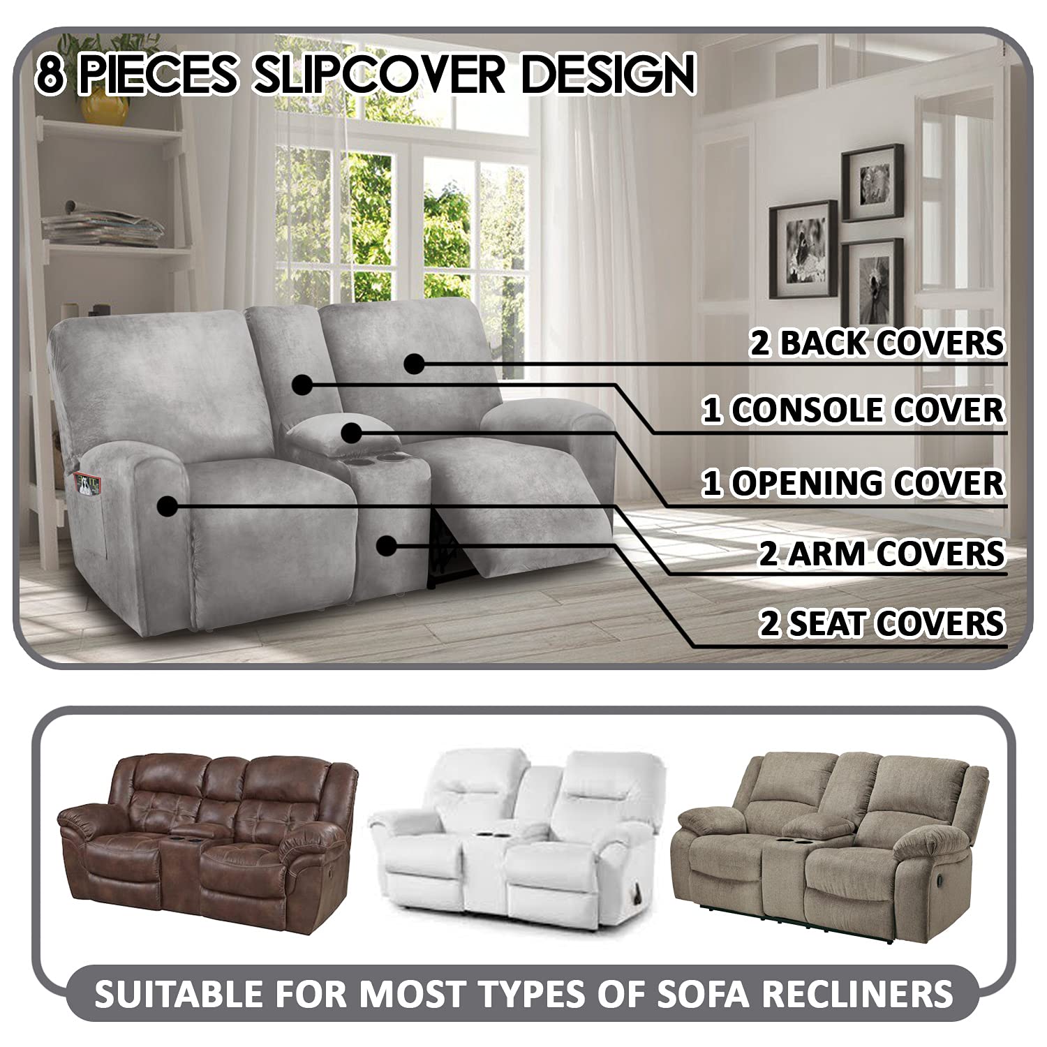 8-Piece Velvet Stretch Reclining Loveseat Cover with Middle Console - Soft, Thick & Washable Slipcover for 2-Seat Recliner Sofa (Light Grey) - Perfect for Living Room, Home Theater & Family Room Furniture Protection