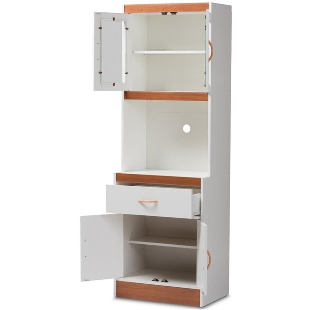 BOWERY HILL Modern White and Cherry Kitchen Pantry Cabinet with Hutch & Storage Drawer - Perfect for Small Space Organization, Farmhouse Decor, and Kitchen Storage Solutions