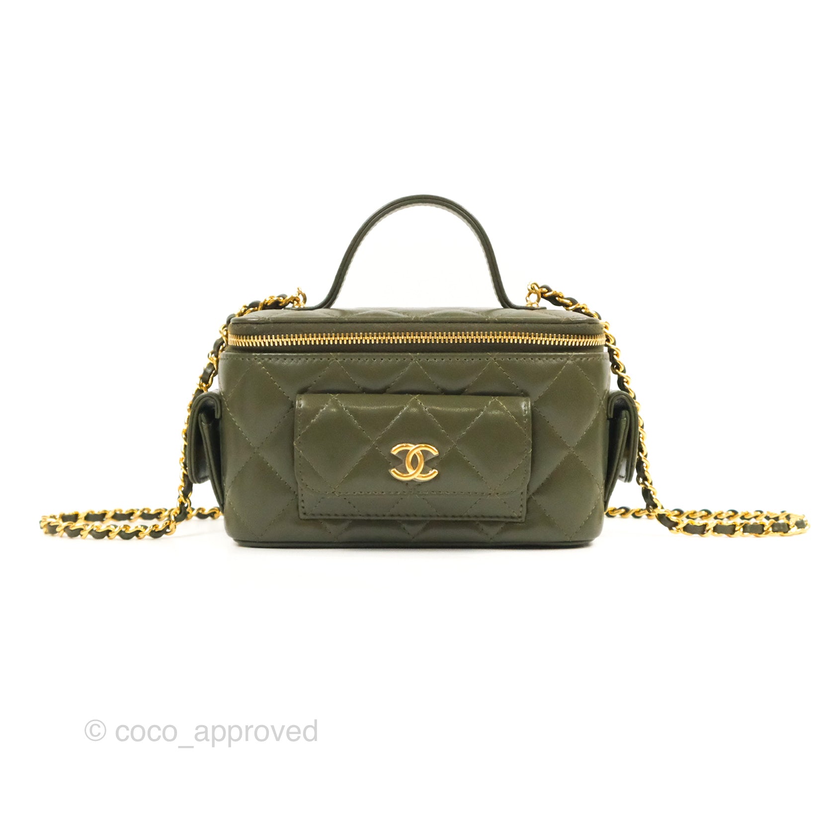 Chanel 22K Khaki Green Lambskin Cargo Pocket Top Handle Vanity Bag with Chain - Luxury Crossbody Purse for Women, Perfect for Date Night & Evening Events
