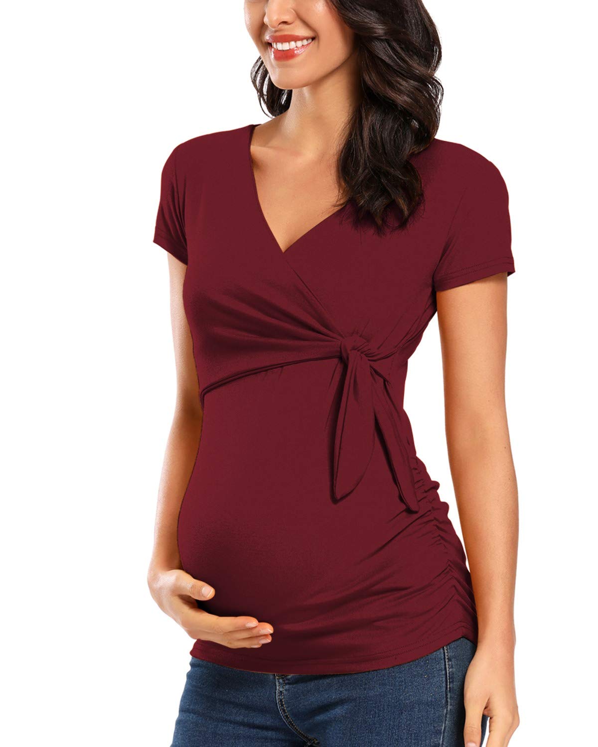 Glampunch Women's Maternity Shirts - Short & Long Sleeve Tie Front Wrap Tops for Pregnancy | Comfortable Nursing & Everyday Wear for Expecting Moms