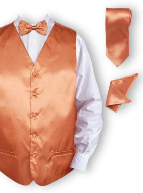 Elegant Rust Satin Tuxedo Vest Set for Men - Formal Wedding, Prom & Evening Wear - Premium 3-Piece Suit Vest with Bow Tie & Pocket Square