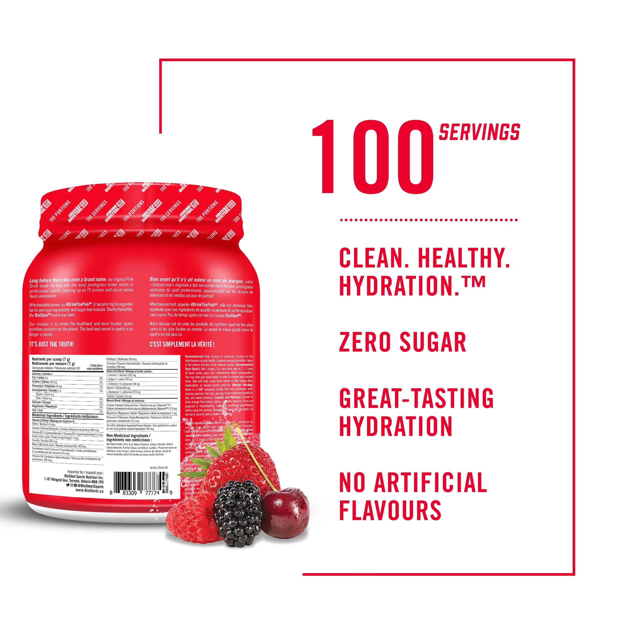 BioSteel Zero Sugar Hydration Mix - Mixed Berry Flavor with 5 Essential Electrolytes | 100 Servings per Tub | Great for Workouts, Sports & Daily Hydration | Sugar-Free & Keto-Friendly Electrolyte Drink Powder