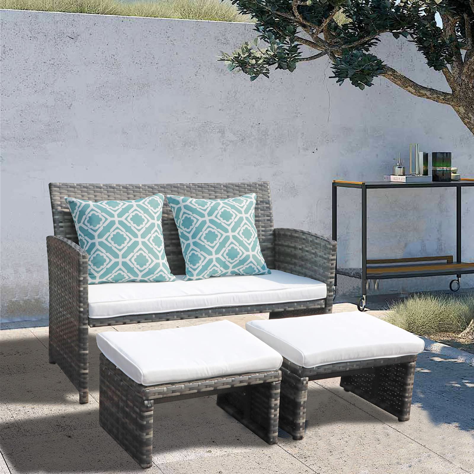Super Patio Outdoor Couch Set - All-Weather PE Rattan Loveseat with Ottoman & 2 Pillows, Gray Wicker Furniture for Garden, Backyard, Poolside Relaxation