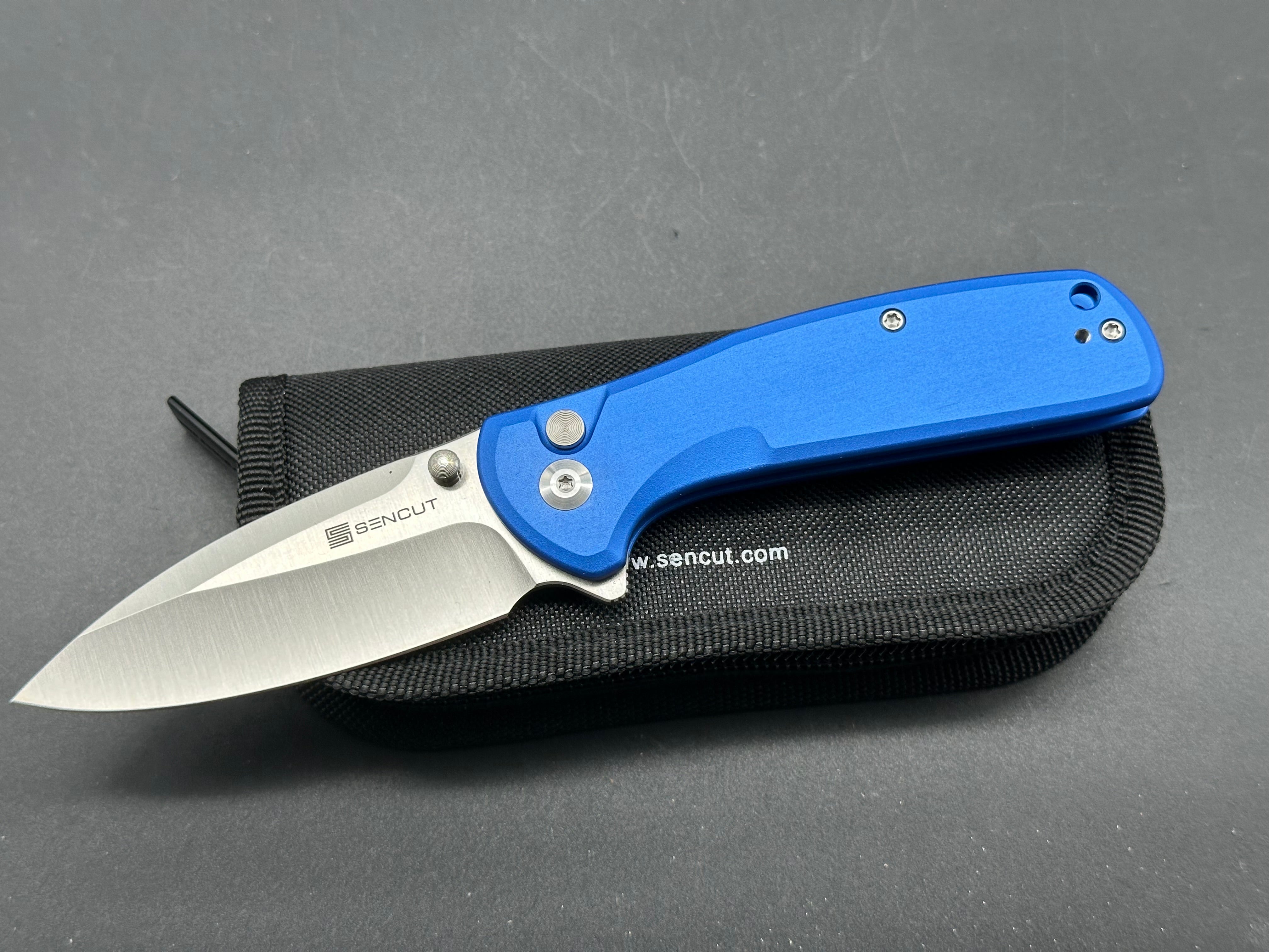 SENCUT ARCBLAST Folding Pocket Knife - Bright Blue Aluminum Handle, 9CR18MOV Stainless Steel Blade, Drop Point Design for Outdoor, Camping & EDC Use