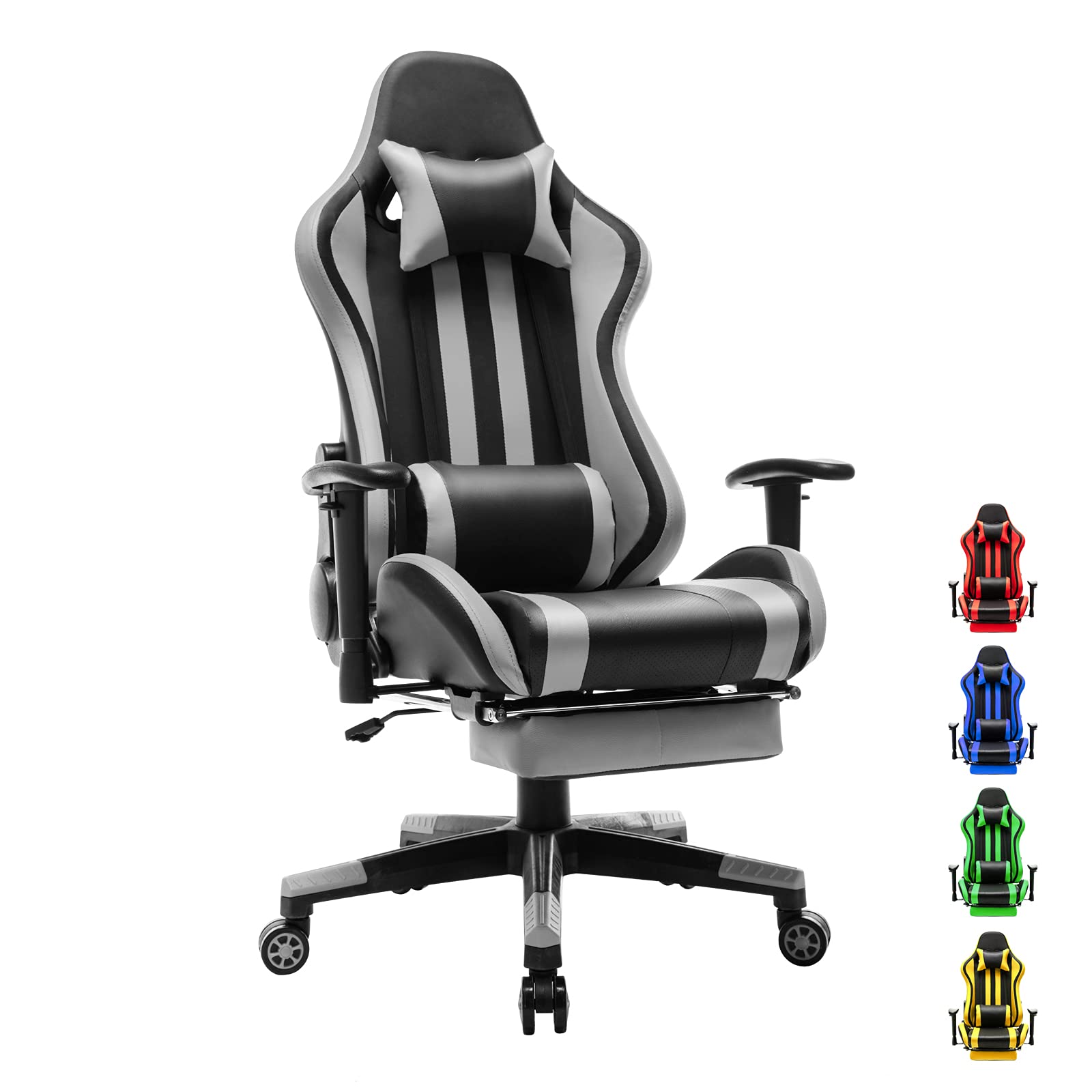 Soontrans Ergonomic Racing Style Gaming Chair with Adjustable Footrest, Headrest & Lumbar Support - High Back Computer Desk Chair for PC Gamers, Office Workers & Home Use (Black/Gray) - Perfect for Esports, Streaming & Long Work Sessions