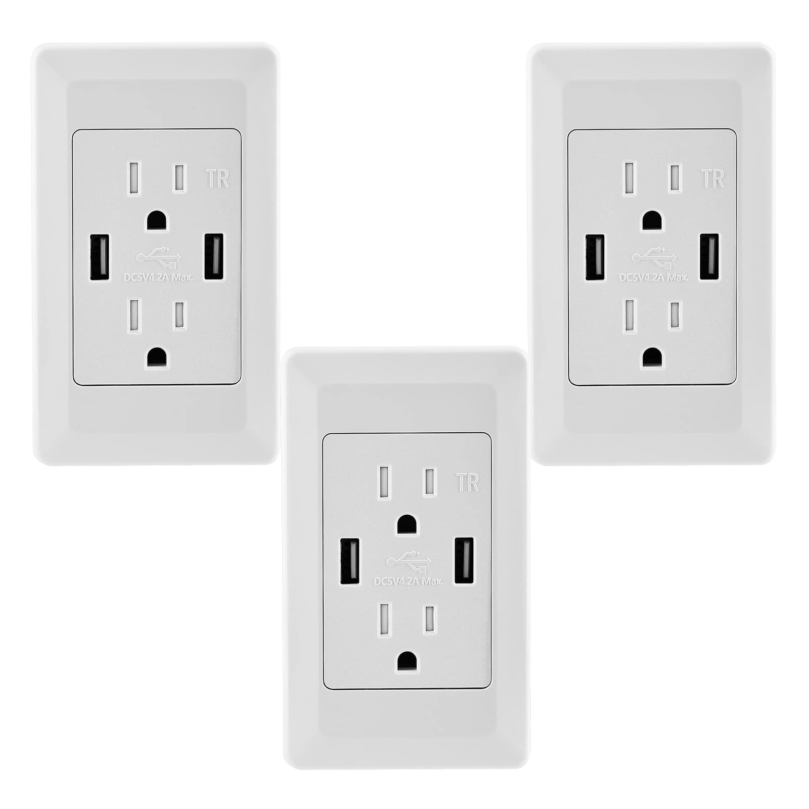 4.2A USB High Speed Charger Wall Outlet with 15A Tamper Resistant AC Duplex Receptacle - ETL Listed White Electrical Outlet (3 Pack) - Perfect for Home, Office & Hotel Charging Stations