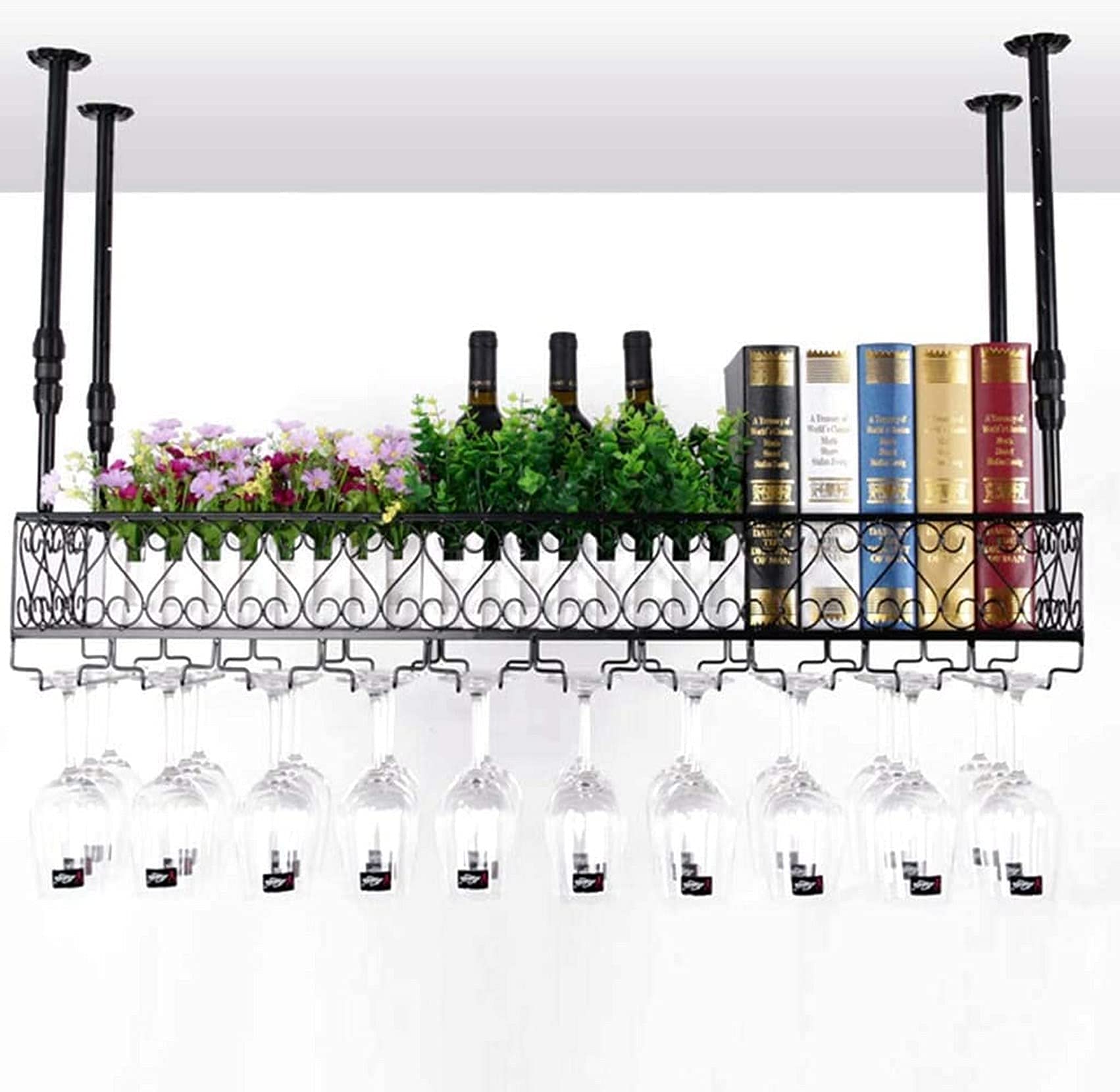 Wall Mounted Iron Wine Rack - Adjustable Double Layer Storage Shelf for Wine Bottles & Upside Down Glasses (30x25cm, Black) - Perfect for Home Bars, Kitchens & Restaurants