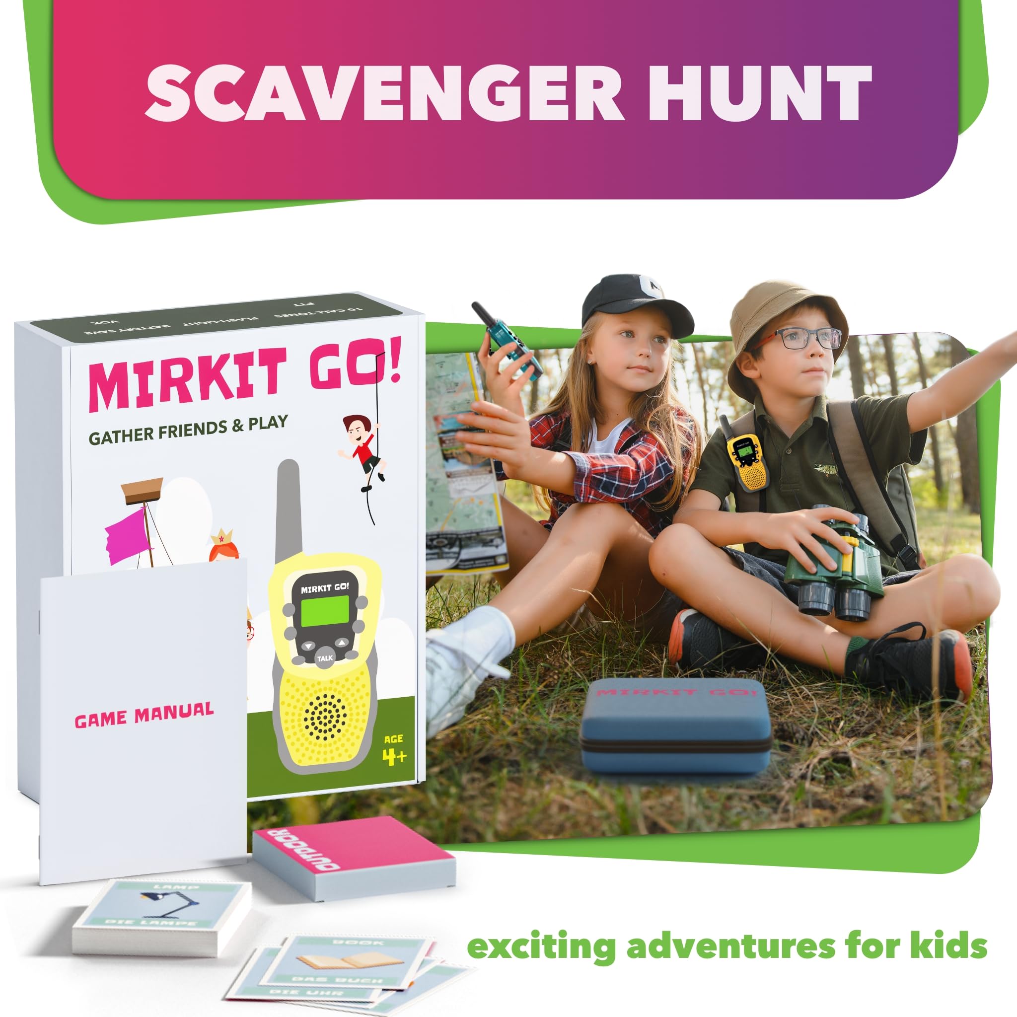 MIRKIT GO! Game: 2-Pack Kids Walkie Talkies with 4 Outdoor Backyard Games - Scavenger Hunt, Capture The Flag, Police & Hide and Seek | Fun Yard Games for Kids & Adults | Includes Free Handcuffs | Perfect for Family Camping, Birthday Parties & Outdoor Adventures