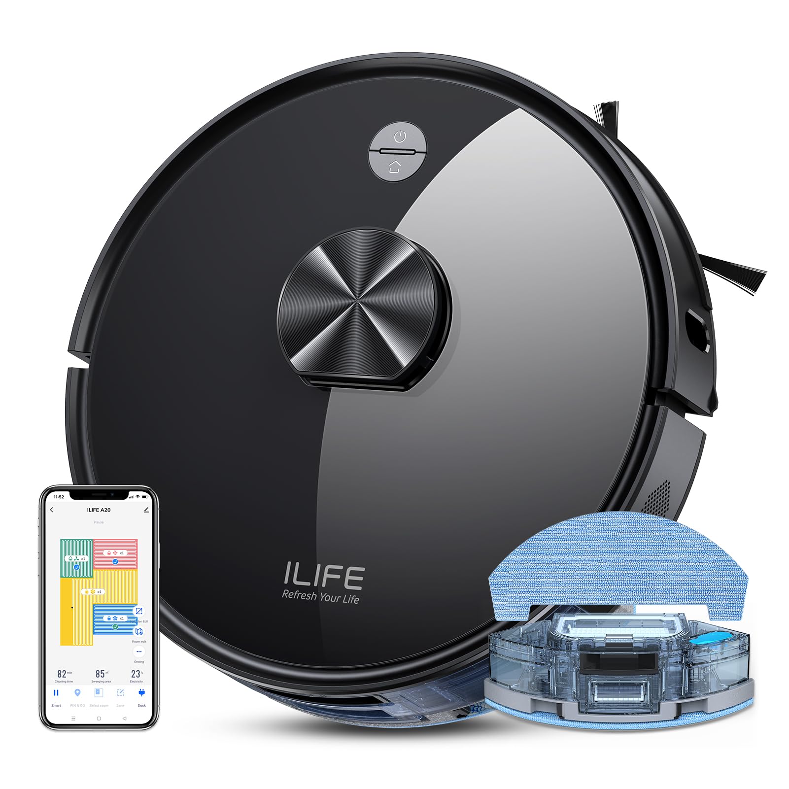 iLIFE A20 Robot Vacuum and Mop Combo with LiDAR Navigation - 3000Pa Strong Suction, Smart Mapping, App/Alexa Control - Ideal for Pet Hair, Hard Floors & Carpets (2.4GHz WiFi) - Perfect for Daily Home Cleaning & Pet Owners