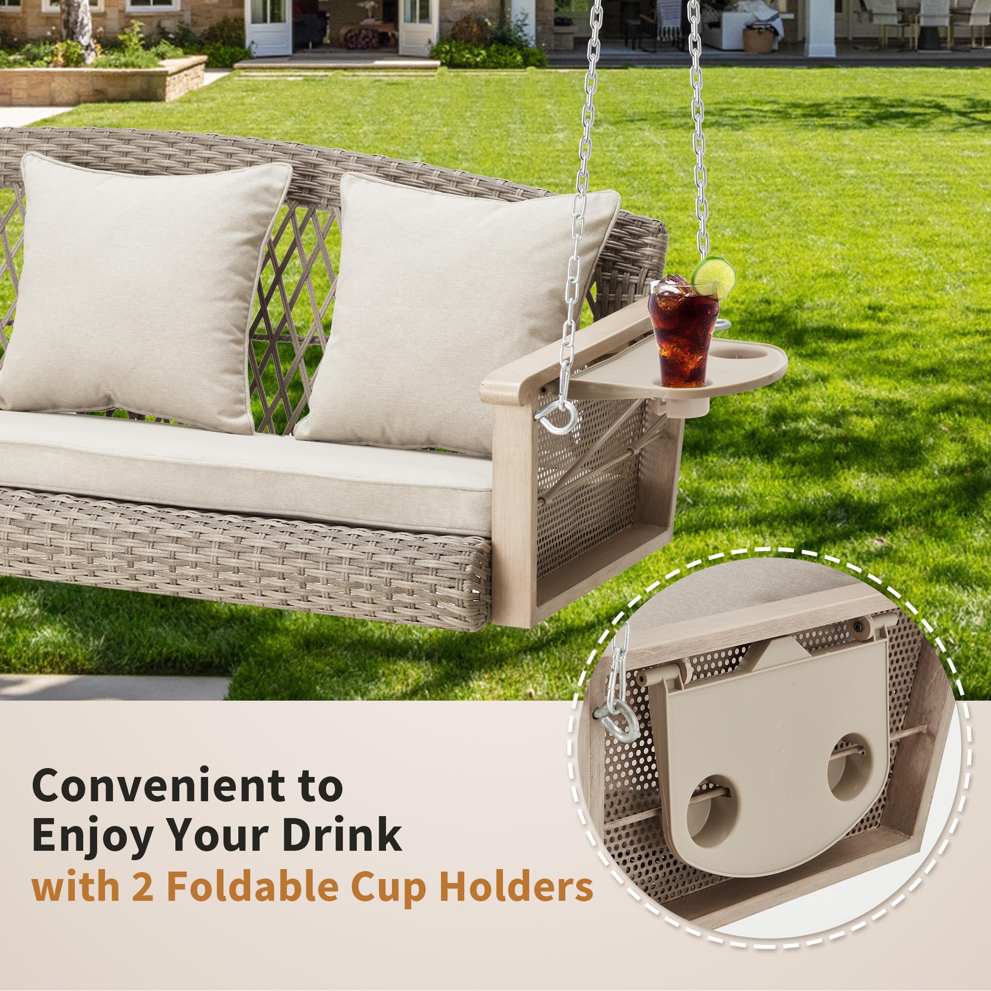 HOMREST 55 Inch 3-Person Wicker Porch Swing with Upgraded Cup Holders & Cushions - 900lbs Capacity Patio Hanging Bench Chair with Chains for Deck, Garden, Backyard - Perfect for Outdoor Relaxation & Entertaining (Beige)