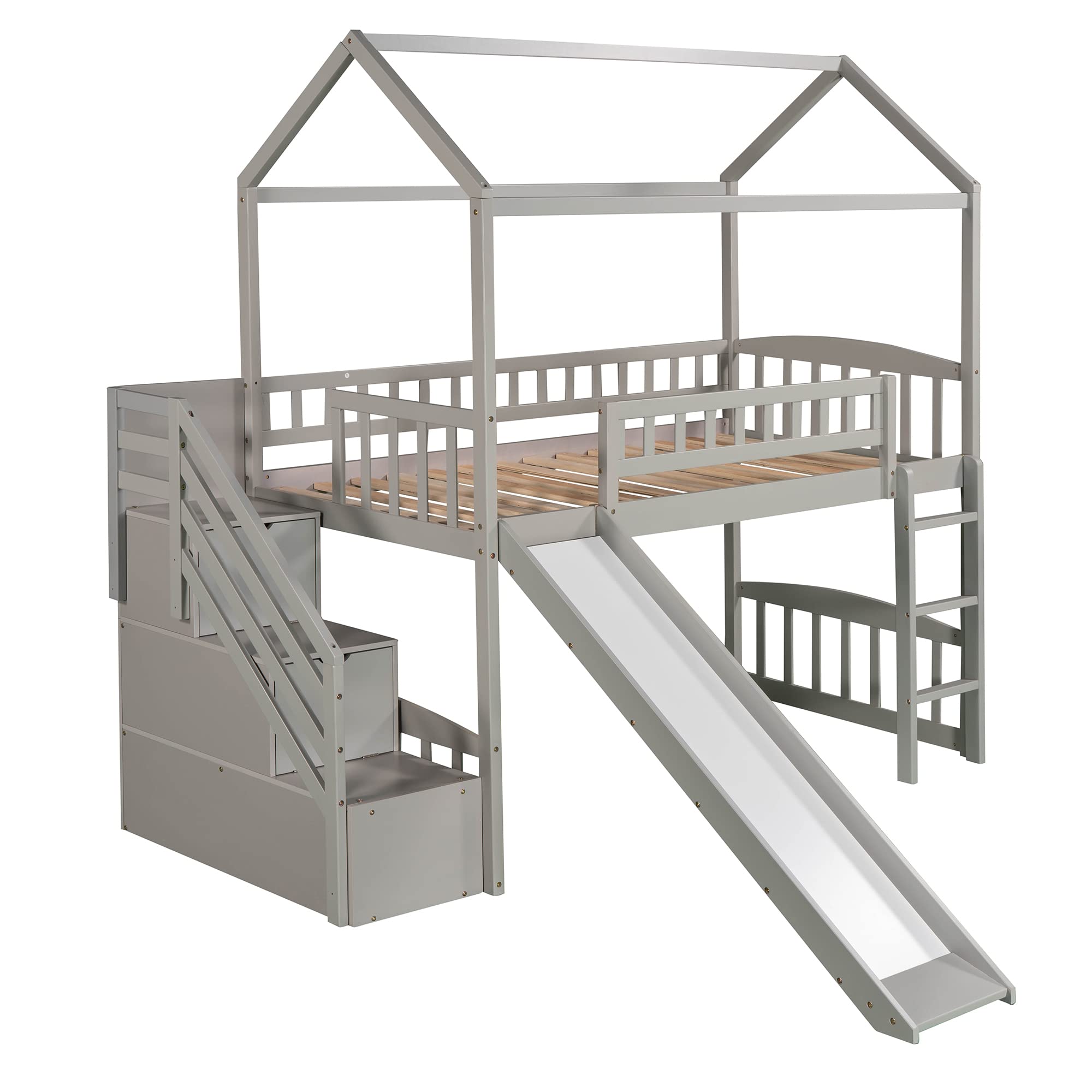 **Kids Loft Bed with Slide & Storage Drawers - Twin Size Wooden Playhouse Bed with Stairway for Boys & Girls - Perfect for Small Bedrooms & Playrooms (Gray)**