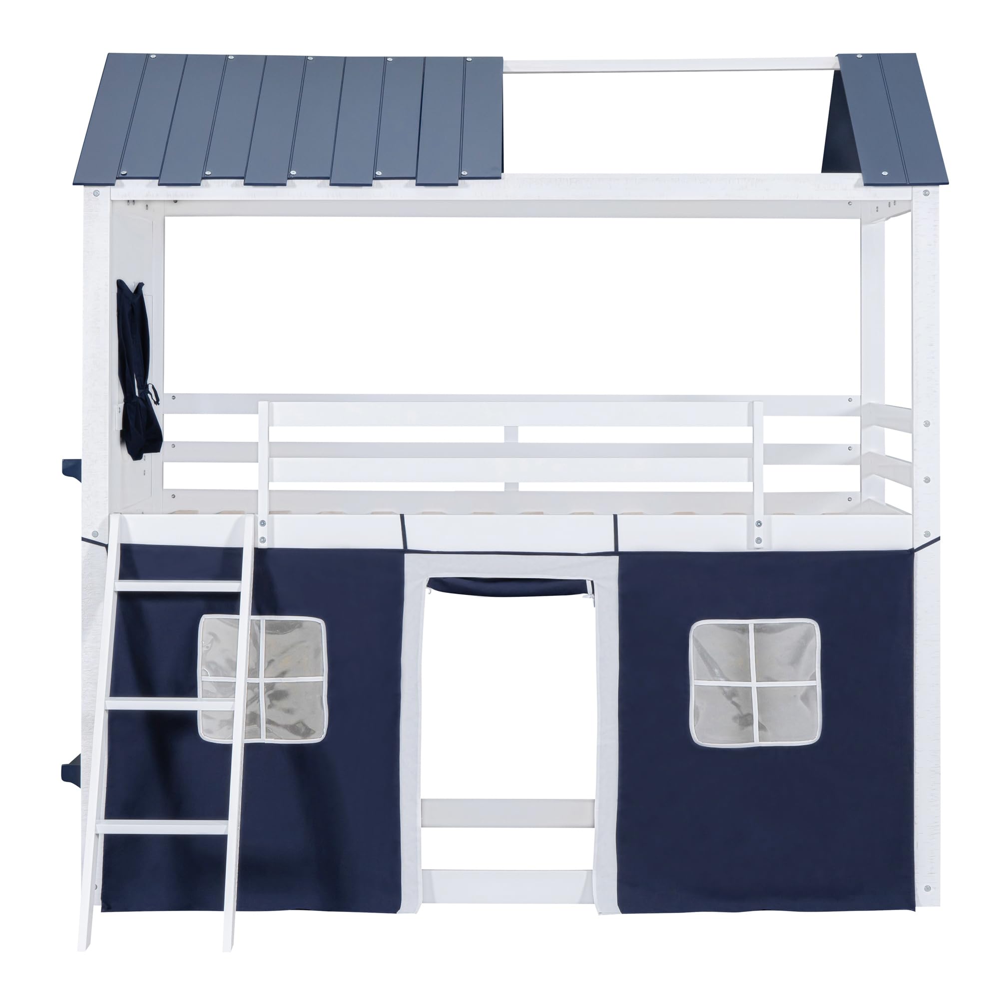 Harper & Bright Designs Twin Over Twin Wooden Bunk Bed with Elegant Windows, Sills & Tent - Blue & White House Bed for Kids' Room, Sleepovers & Space-Saving Bedroom Solutions