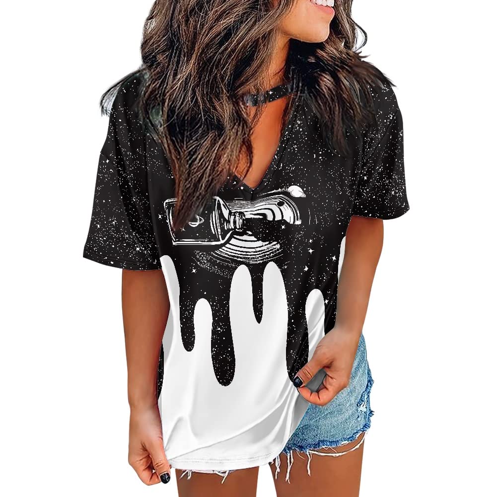 GLUDEAR Women's Funny Printed V-Neck Short Sleeve T-Shirt - Summer Loose Fit Casual Top for Beach, Travel & Everyday Wear