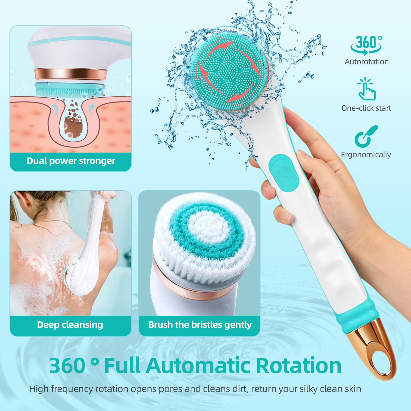 Rechargeable Electric Body Brush with 4 Brush Heads - Waterproof Long Handle Exfoliating Scrubber for Face & Body, Skin Cleansing & Massage | Perfect for Shower, Spa & Home Skincare Routine