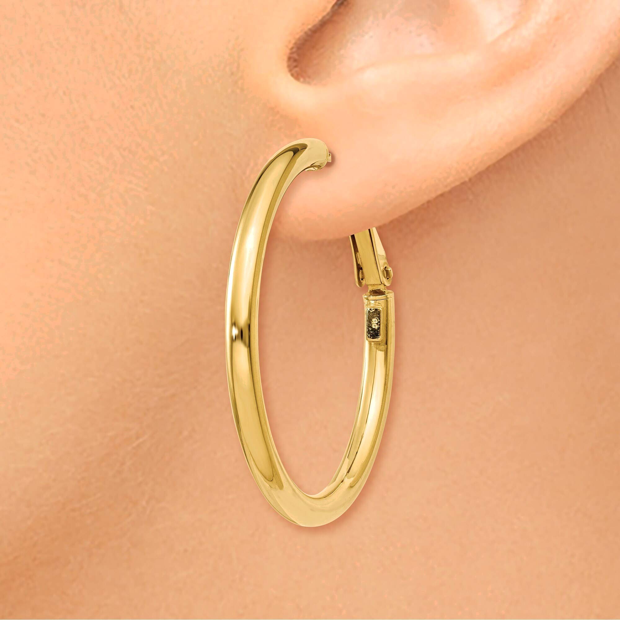 14K Yellow Gold 3x30mm Polished Round Omega Back Hoop Earrings for Women - Perfect for Everyday Wear, Parties & Special Occasions