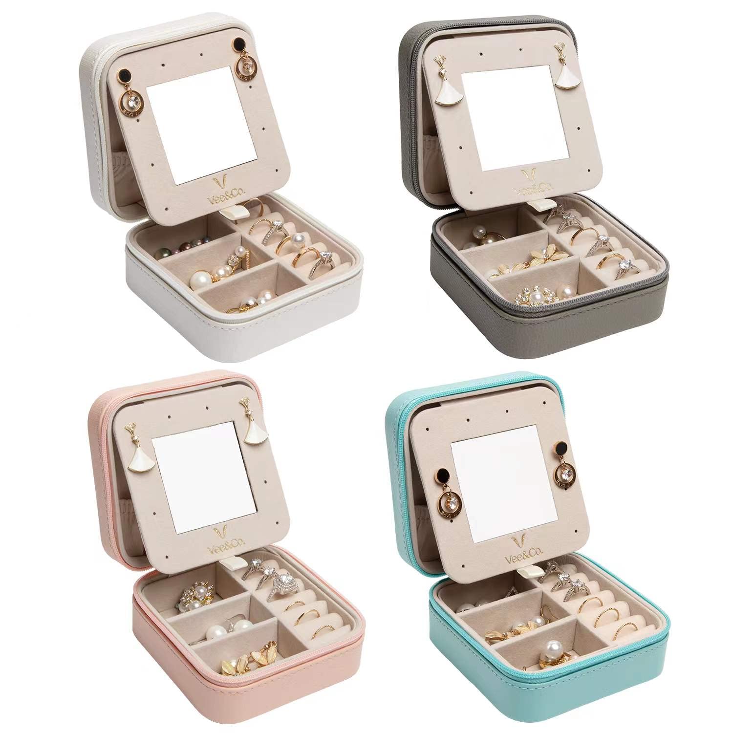 Vee Small Travel Jewelry Case - Portable Jewelry Organizer with Mirror for Earrings, Rings & Necklaces - Compact Jewelry Storage Box for Women & Girls (4 Pack) - Perfect for Travel, Home Organization & Gift Giving