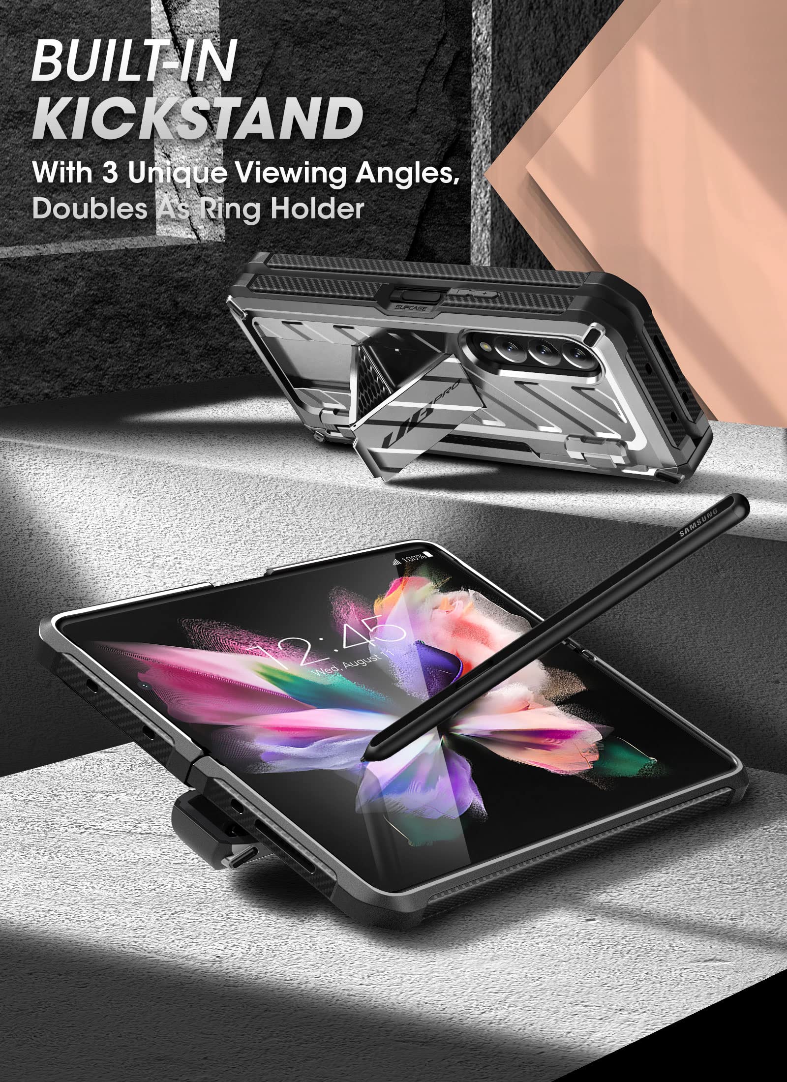 SUPCASE Unicorn Beetle Pro Case for Samsung Galaxy Z Fold 3 with S Pen Holder - Built-in Screen Protector & Kickstand | Military-Grade Protection | Heavy Duty Shockproof Phone Cover (Silver) - Perfect for Work, Travel & Outdoor Activities