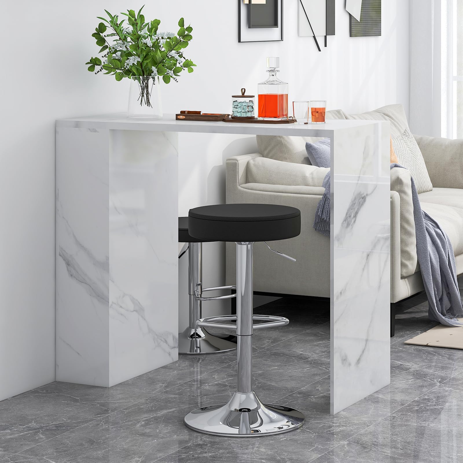 WATERJOY Adjustable Round Bar Stools Set of 2, PU Seat Swivel Bar Stool with Footrest - Modern Kitchen Island & Home Bar Seating for Dining & Entertainment