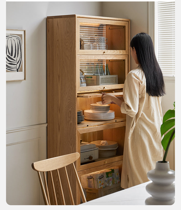 Premium Oak Solid Wood Multi-Layer Flip Door Glass Bookcase - Stylish Home Office Library Storage for Books, Decor & Collectibles
