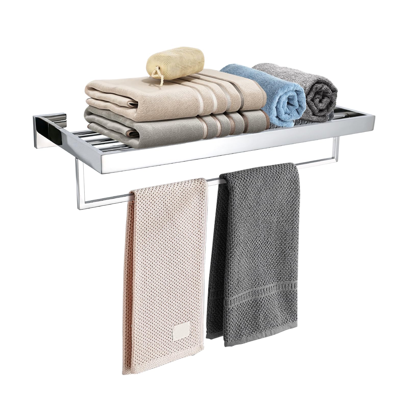 Stainless Steel Wall Mounted Towel Rack - 24 Inch Polished Bathroom Towel Shelf with Towel Bar - Space Saving Towel Holder for Small Bathrooms, Kitchens & Laundry Rooms