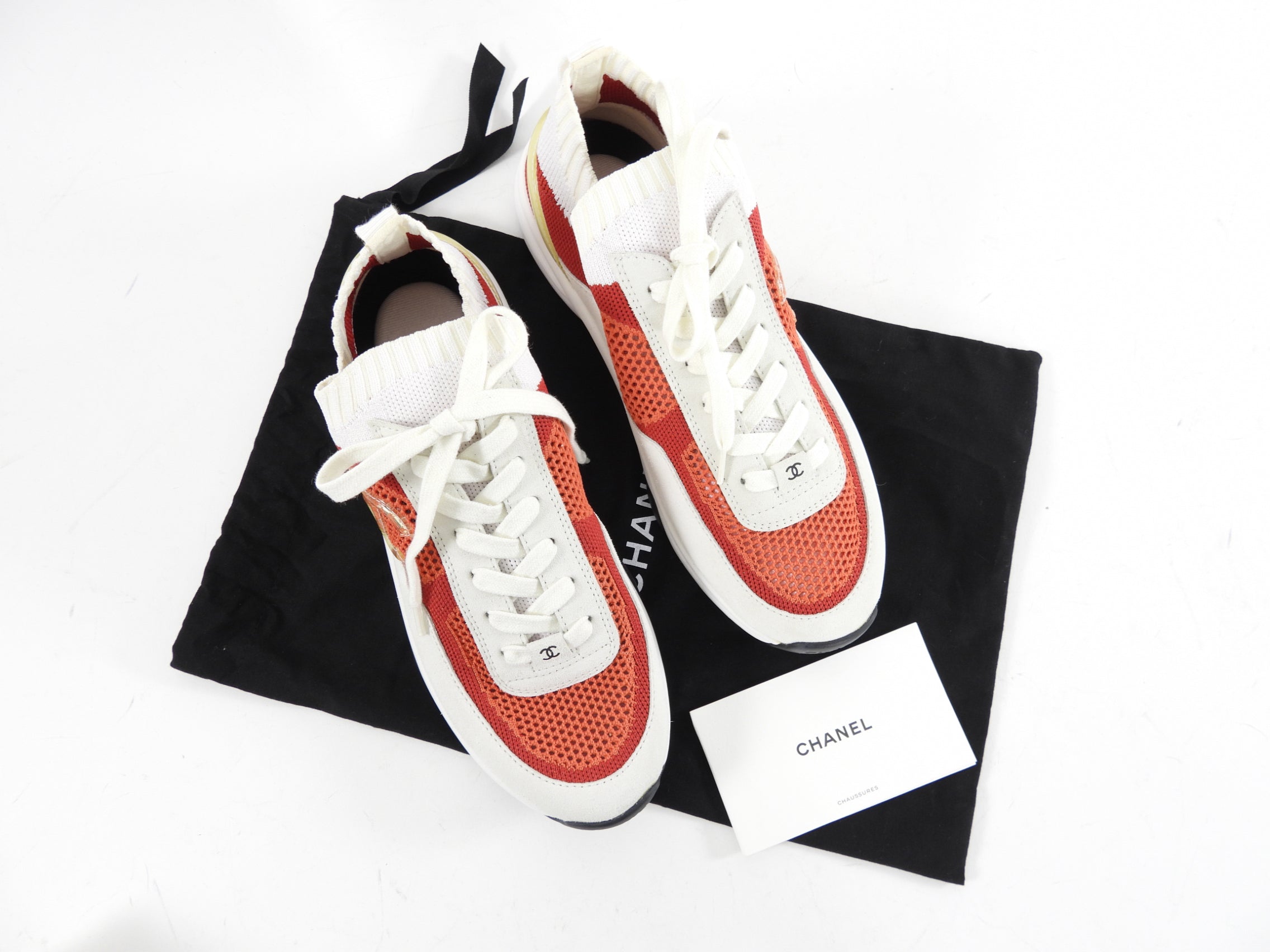 Chanel G36258 Red and White Suede Mesh Knit Sneakers - Women's Size 40/39 - Casual Fashion, Streetwear & Luxury Comfort for Everyday Wear