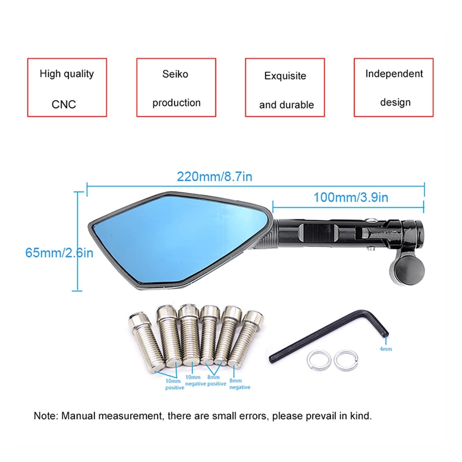 CNC 10mm Motorcycle Side Mirrors - Blue Glass Cafe Racer Rearview Mirrors for Suzuki DR200/250/350/DRZ400/650 - Perfect for Urban Commuting & Custom Bike Builds