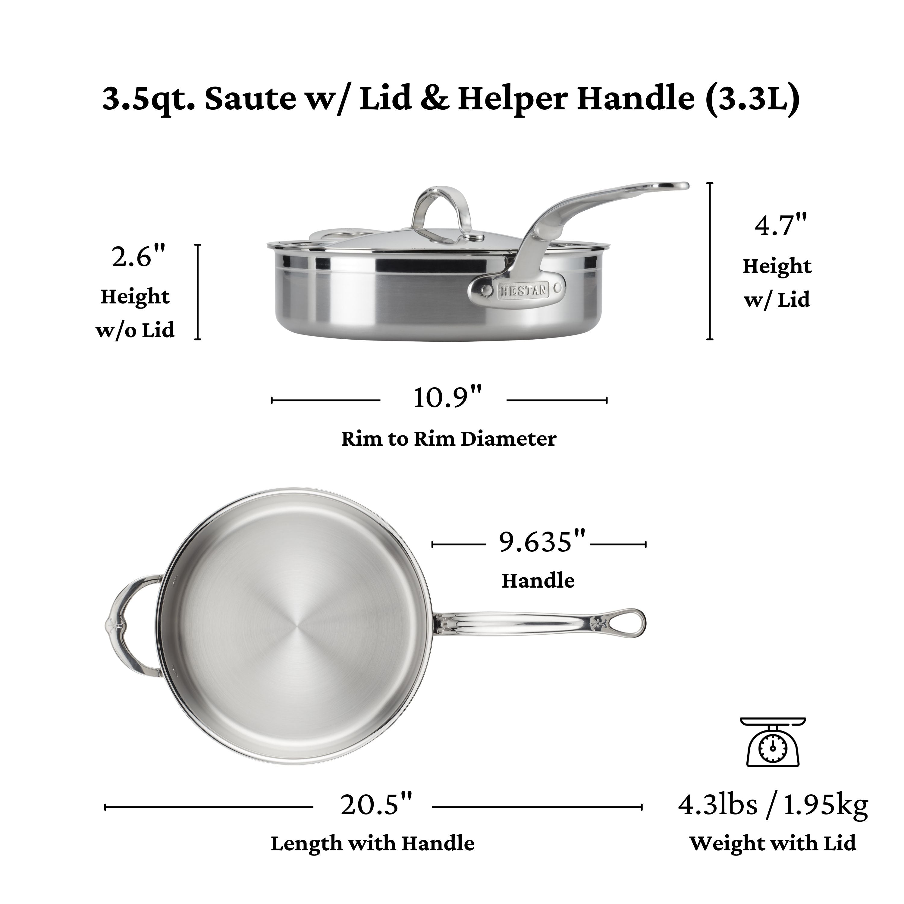 Hestan Probond Nonstick Covered Saute Pan with Helper Handle - Premium Cookware for Home Chefs & Professional Kitchens - Perfect for Searing, Frying & Sauteing Vegetables, Meats & More
