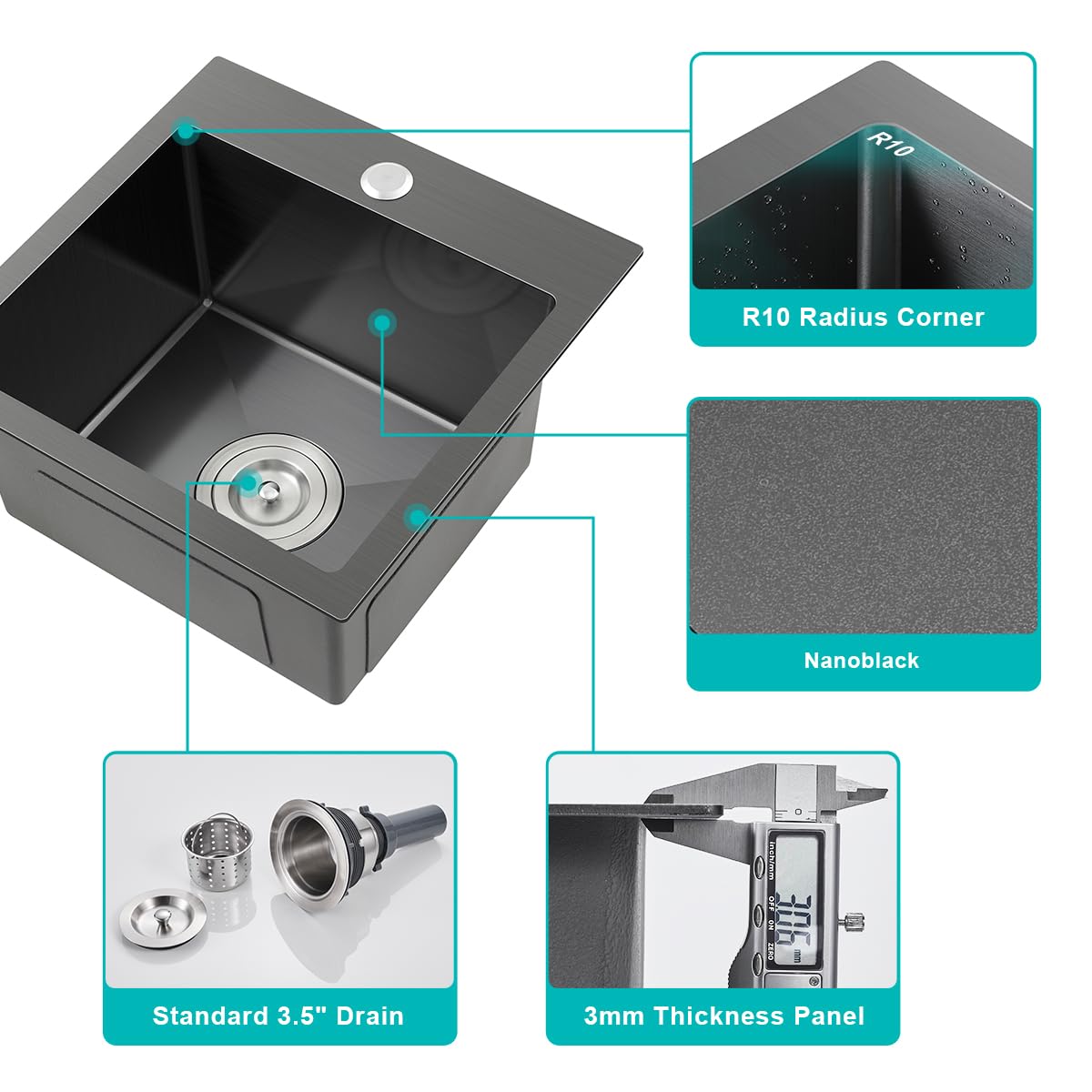 TSIBOMU 18x18 Inch Topmount Kitchen Sink - 304 Stainless Steel Single Bowl Drop-in Sink with Single Faucet Hole, Black - Perfect for Small Kitchens, Bars, and RV Remodeling
