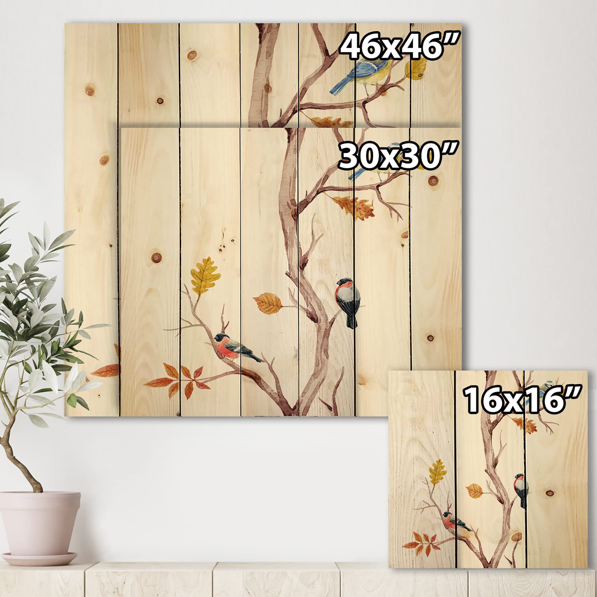 DesignQ Traditional Wood Wall Decor - Little Birds on Tree Branches IV, White Wood Wall Art, Large Animal Wood Panels Printed on Natural Pine - Perfect for Living Room, Bedroom & Office Decor