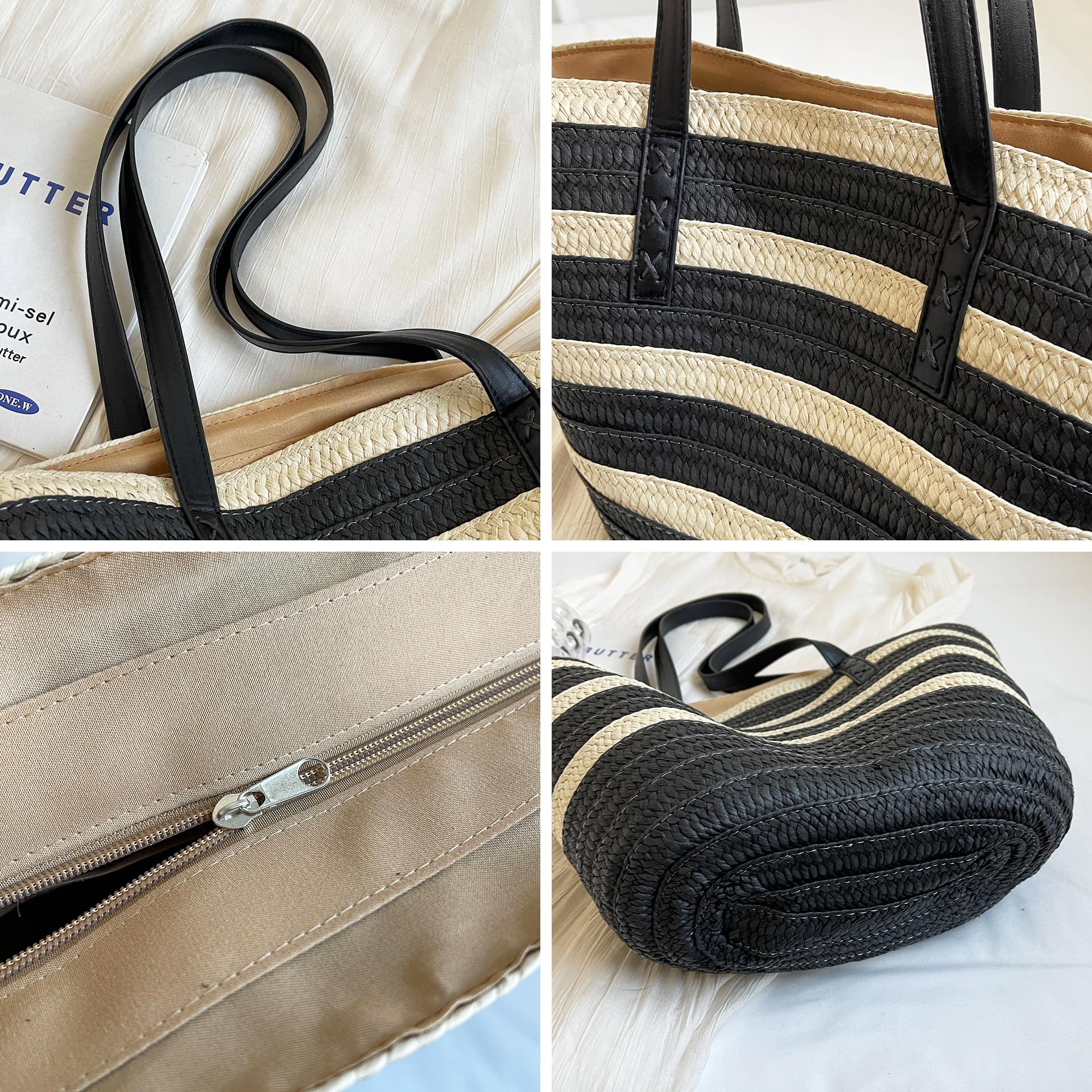 Rejolly Straw Tote Bag for Women - Large Woven Beach Bag with Zipper & Leather Handle - Perfect for Summer Vacation, Shopping, and Outdoor Activities