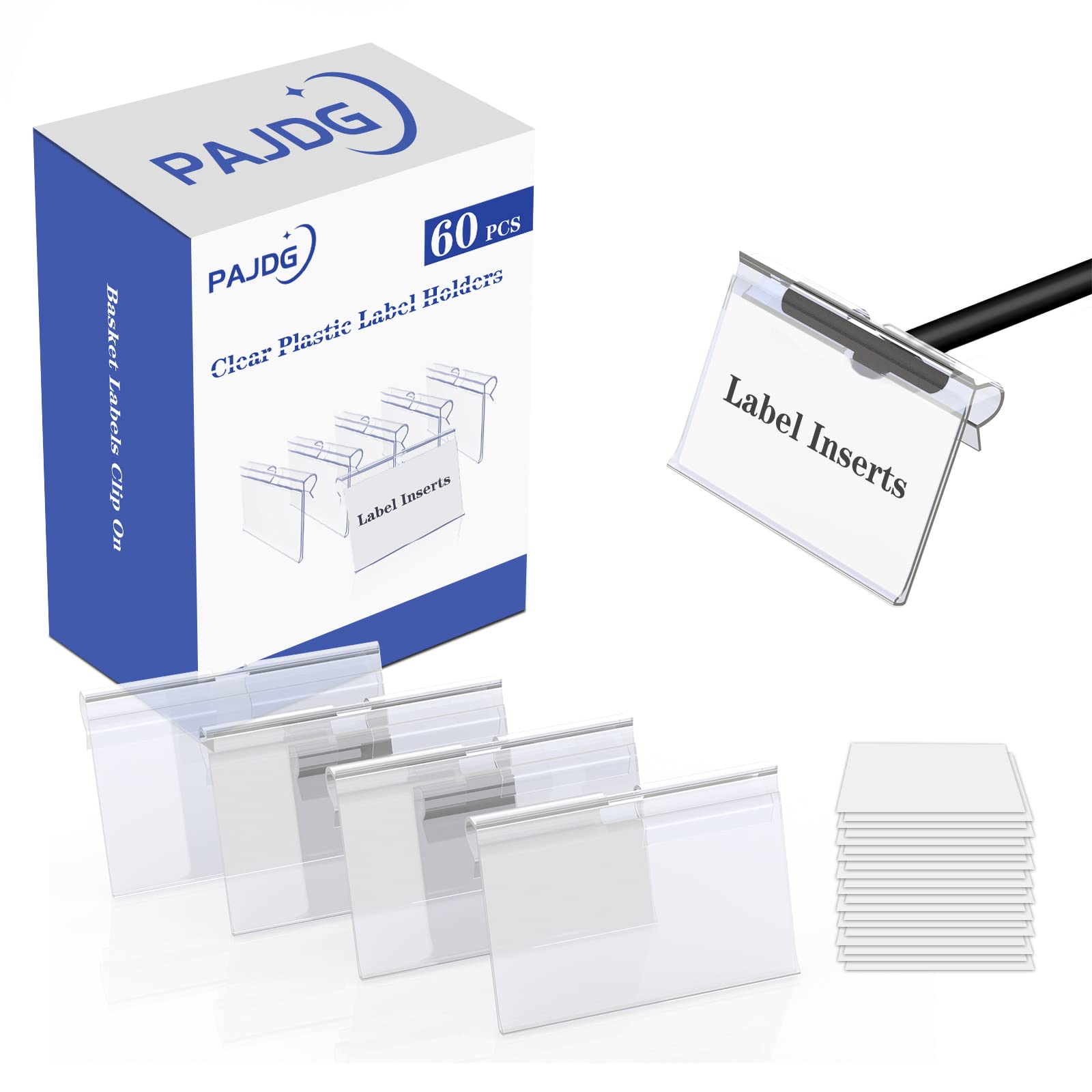 60PCS Clear Plastic Storage Bin Label Clips with 80 Extra Label Papers - 6X4.2CM Wire Shelf, Basket & Closet Organizers for Pantry, Fabric Cubes & Cloth Bins - Perfect for Home, Office & Classroom Organization