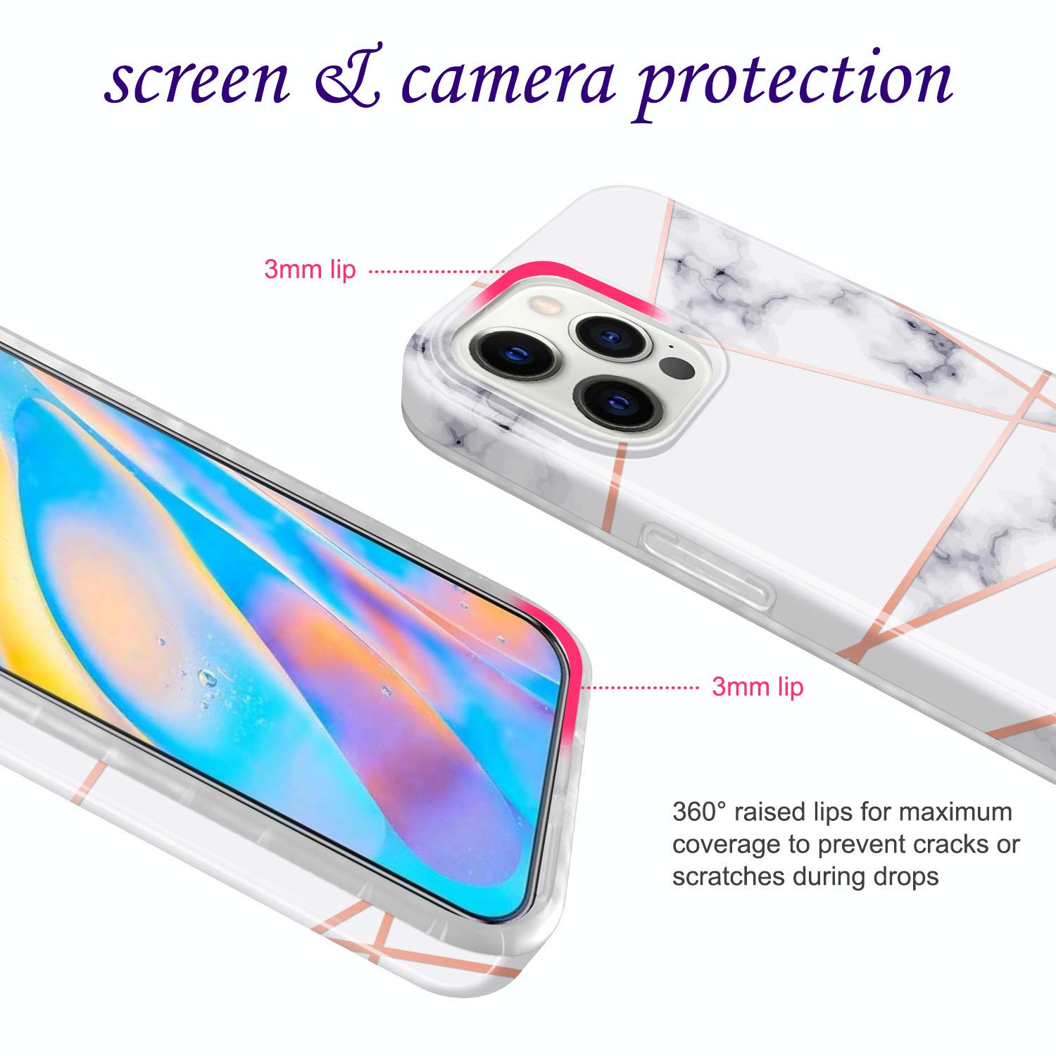 JAHOLAN Shiny Rose Gold Metallic iPhone 12 Pro Max Case (6.7 inch) - Marble Design Clear Bumper with TPU Soft Rubber Silicone Cover - Elegant White Gold Phone Case for Women & Men | Perfect for Daily Use, Office, and Special Occasions
