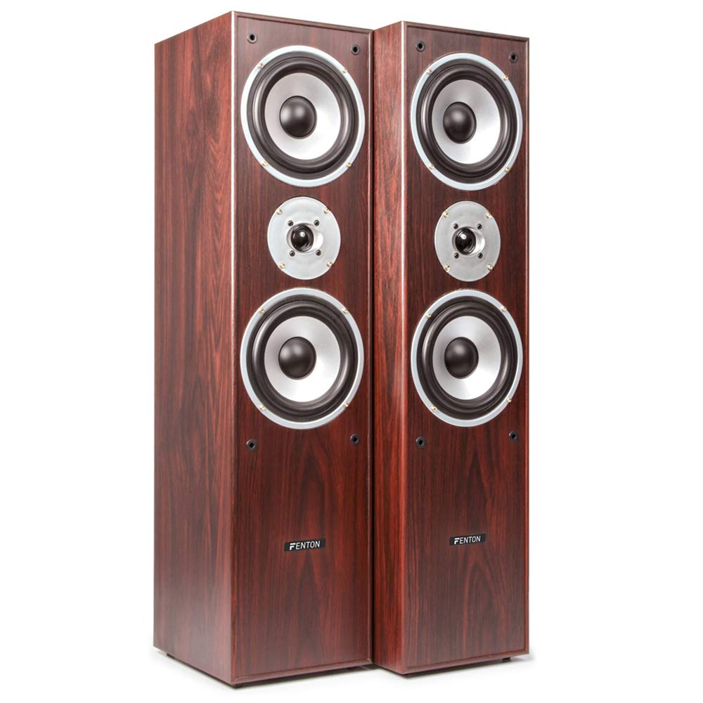 Fenton 5.0 Surround Sound Speaker System - 1150W Home Theater Speakers with Walnut Finish, 3-Way Tower & 2-Way Satellite Speakers, Wall Mountable - Perfect for Movie Nights, Gaming, and Music Listening