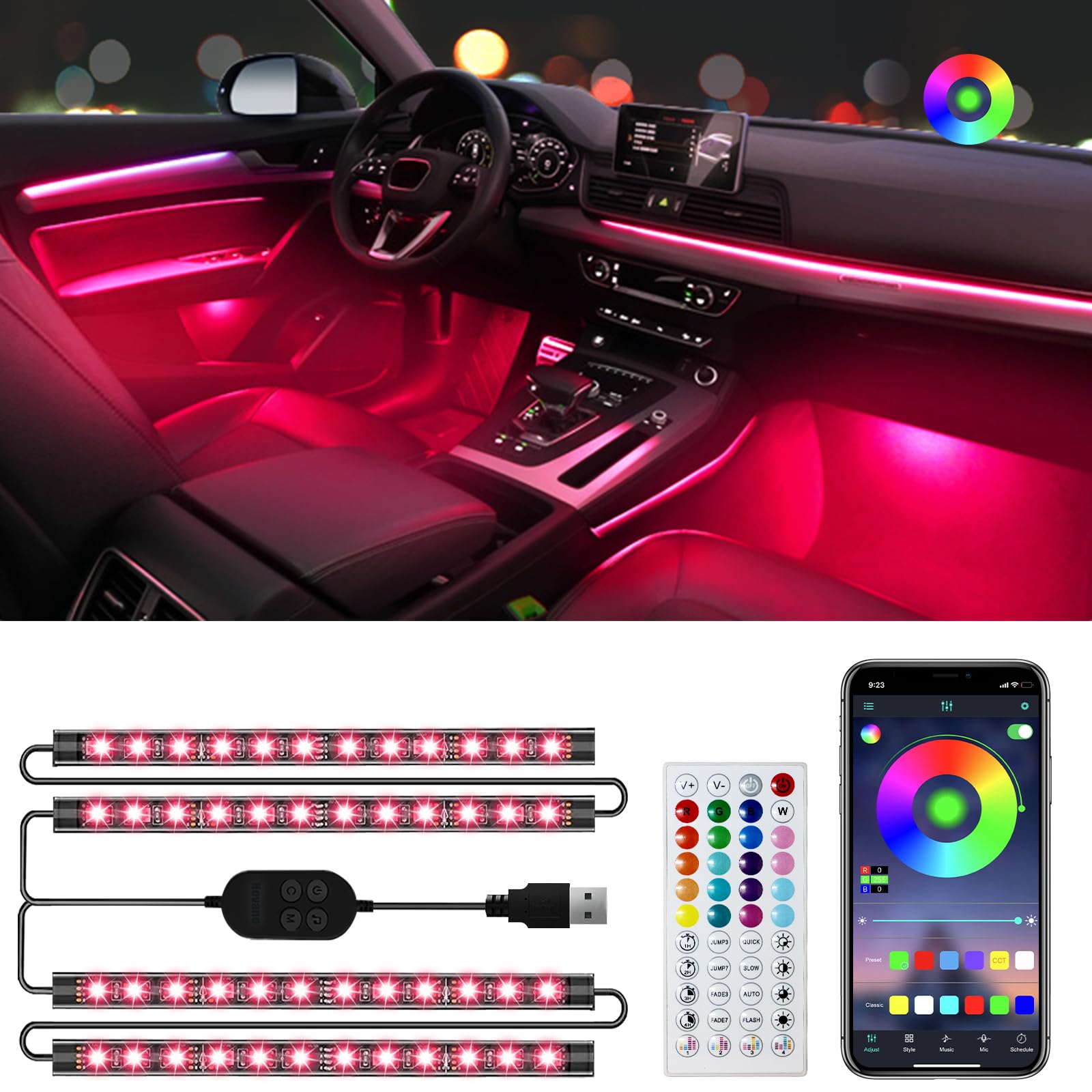Smart Car LED Interior Lights - App Controlled RGB 48 LED Strip with DIY & Music Sync Modes, USB Powered - Perfect for Car Decor, Mood Lighting & Gift Ideas for Men & Women