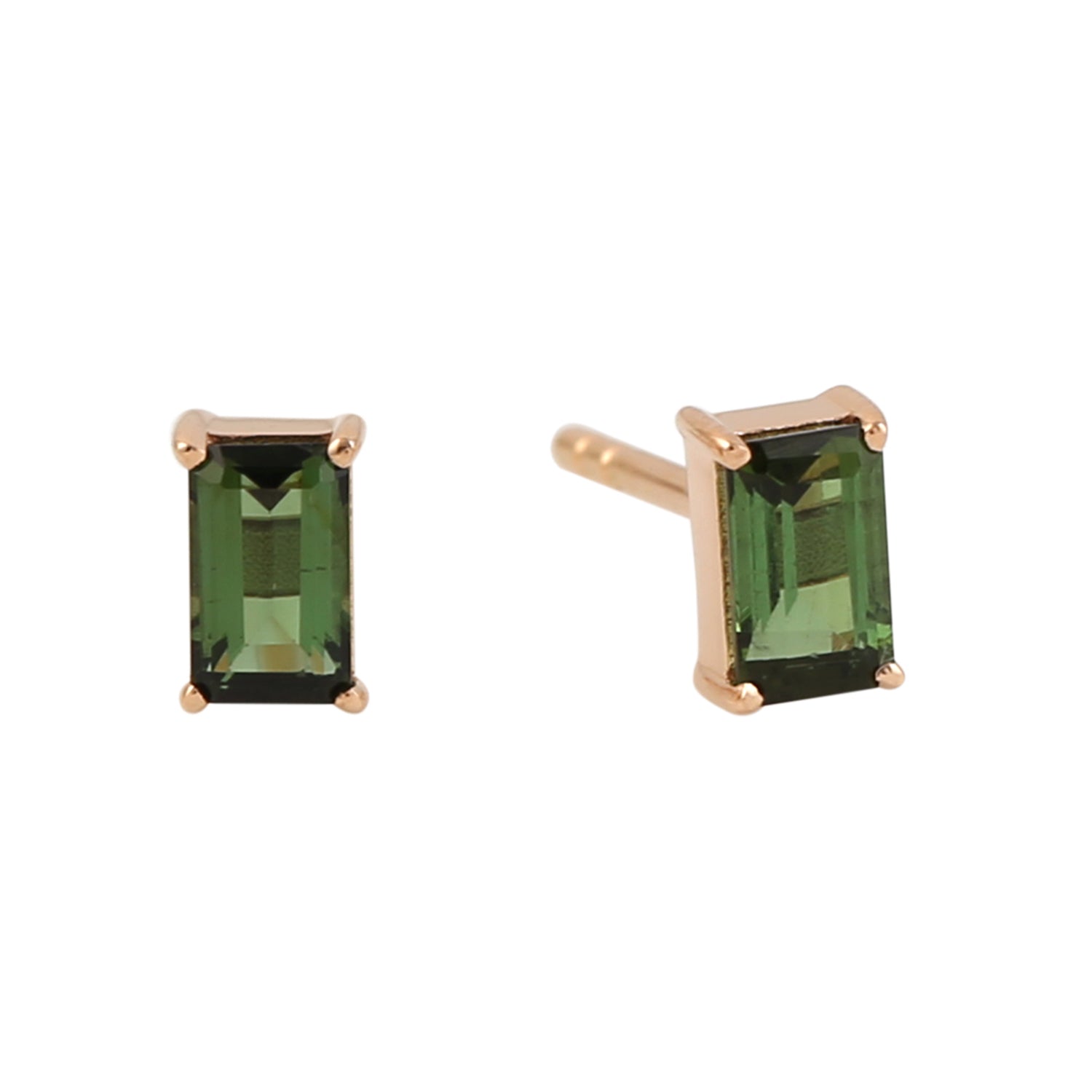 18K Rose Gold Prong Set Baguette Tourmaline Stud Earrings - Minimalist Dainty Jewelry for Women - Perfect for Everyday Wear, Gift Giving & Special Occasions
