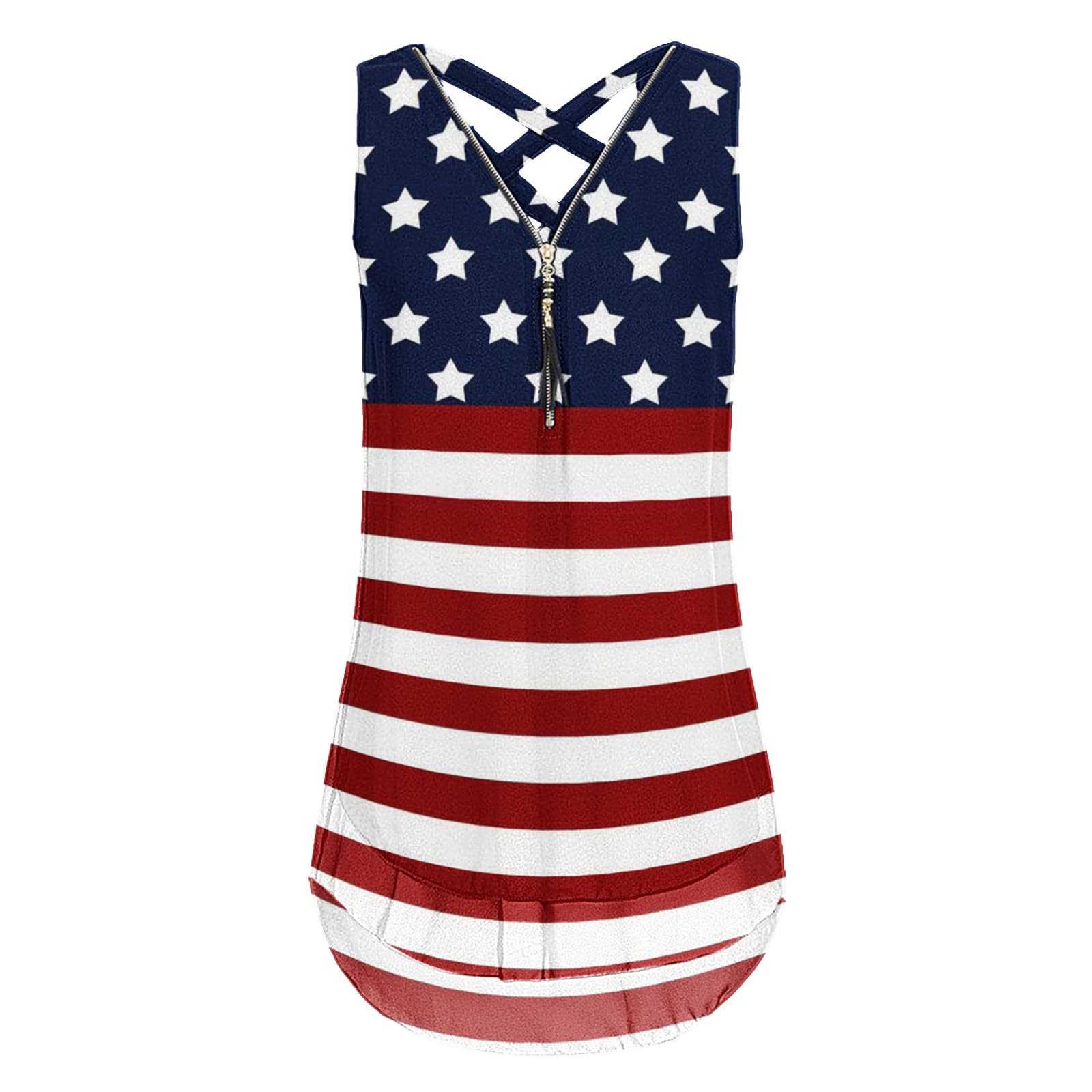 Women's Sleeveless V-Neck Loose Tank Tops - American Flag Print Casual Cami Shirt with Zipper Hem | Summer Basic Tee for Beach, Gym, and Everyday Wear (White, XL)