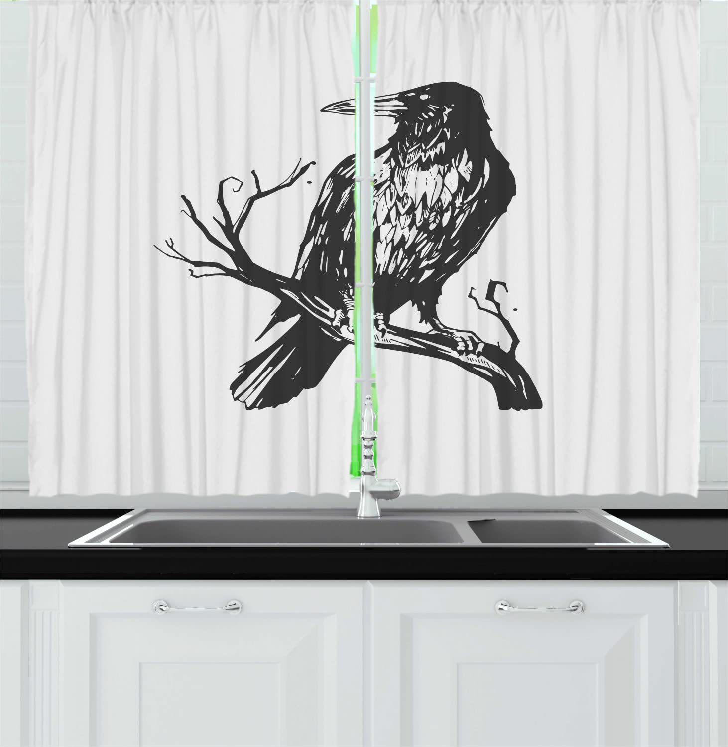 Ambesonne Black Crow Gothic Kitchen Curtains - Monochromatic Bird on Branch Design, Haunted Theme, 2 Panels with Rod Pocket, 55