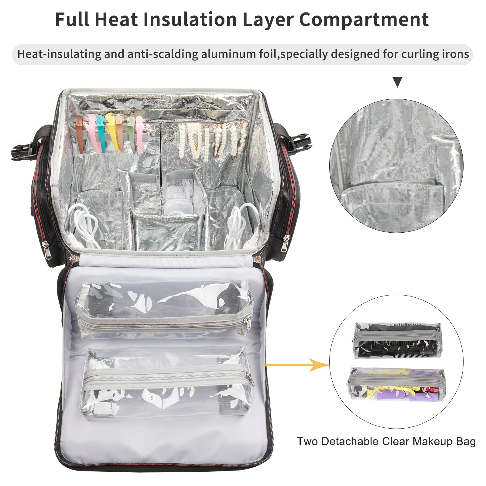 Professional Large Makeup Train Case for Hairstylists & Cosmetologists - Heat Resistant Cosmetic Organizer with Detachable Pouch & Wheels - Perfect for Salon, Travel, and Mobile Hairdressing Services