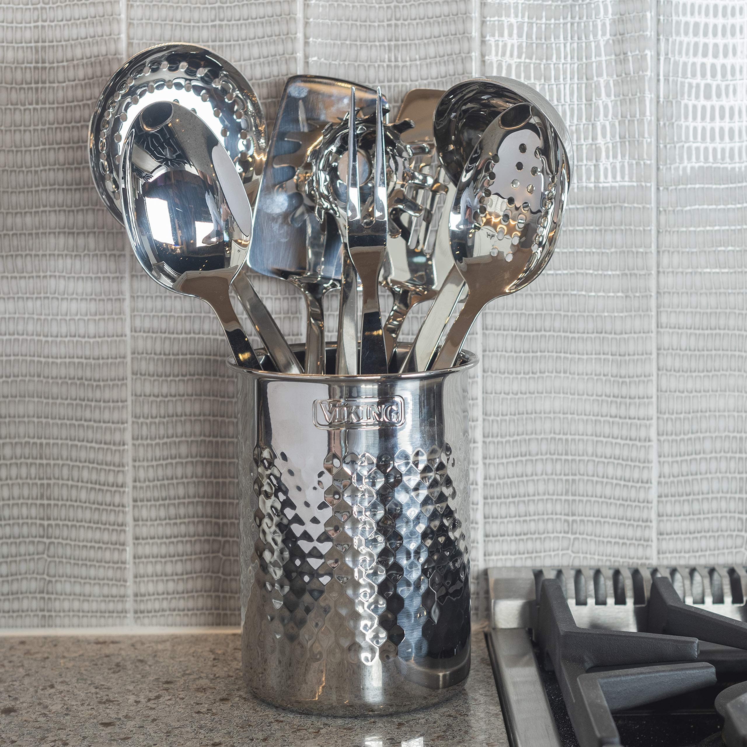 Viking Style Hammered Stainless Steel Kitchen Utensil Holder - Countertop Organizer Crock for Cooking Tools - Silver Metal Storage Container for Spoons, Spatulas & Cooking Accessories - Perfect for Modern Kitchens & Viking-Themed Decor