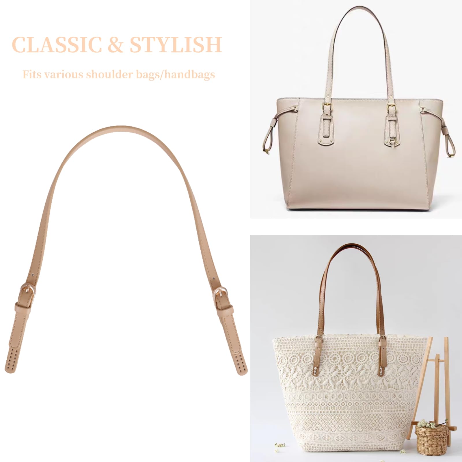 Khakho 2Pcs Adjustable PU Leather Replacement Handles & Shoulder Straps for Purses, Bags, Totes - Durable Purse Handles with Metal Buckles for Handbags, Crossbody Bags & Accessories