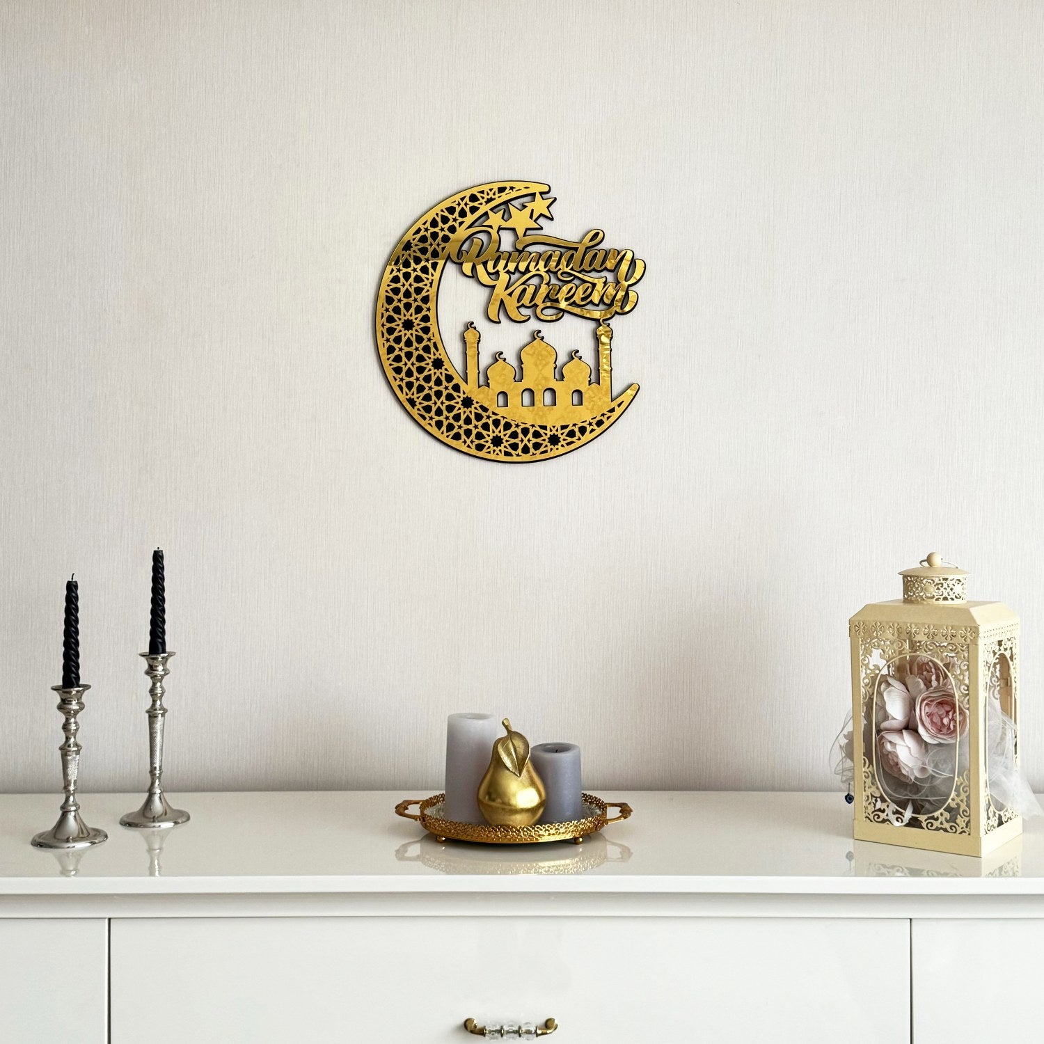 Ramadan Kareem Wooden Islamic Wall Art Decor - Handcrafted Arabic Calligraphy Home Decoration for Eid, Mosque & Muslim Family Gifts - Perfect for Living Room, Prayer Room & Islamic Center Decor