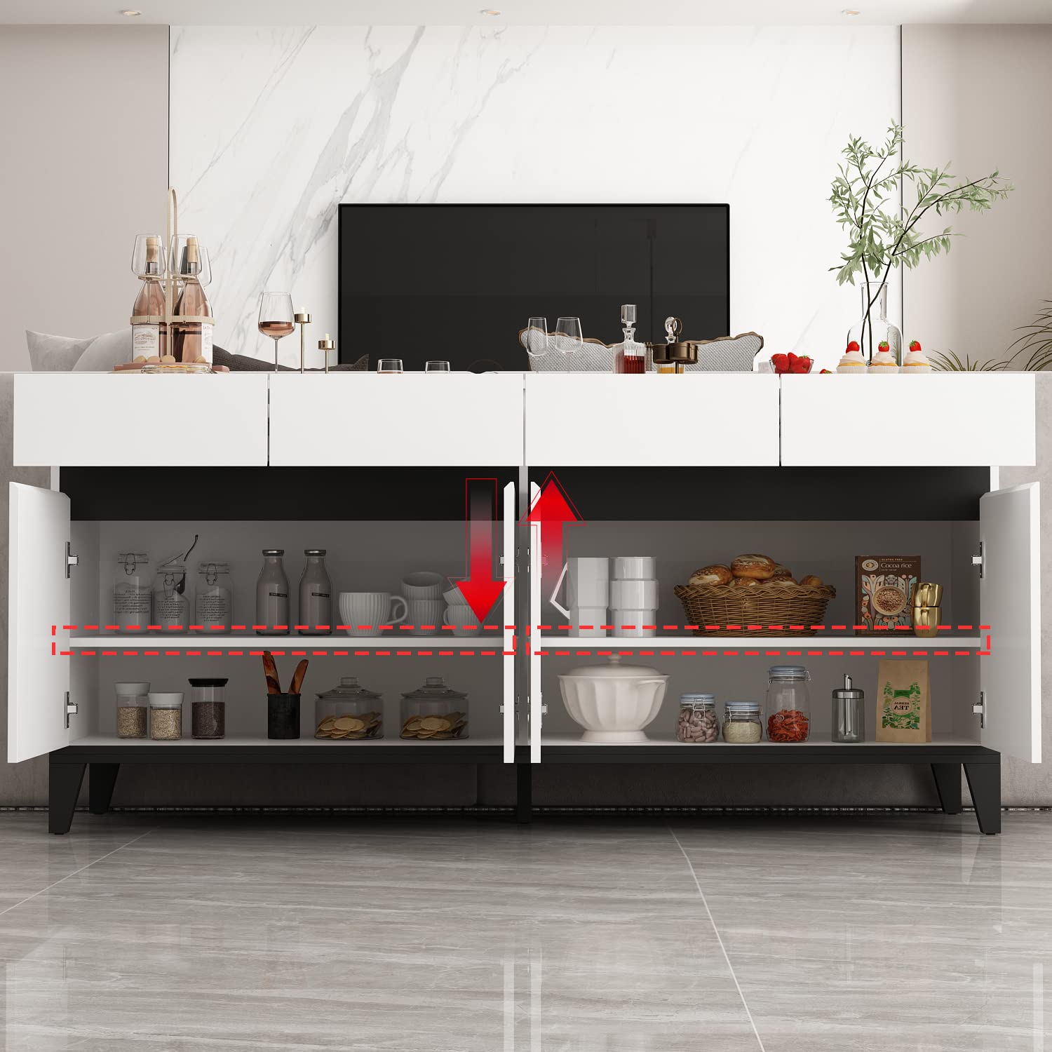 ECACAD White Sideboard Buffet Cabinet with 4 Drawers, 4 Storage Compartments & 4 Doors - Kitchen Storage Console Table, Coffee Bar Cabinet for Living Room, Hallway, Dining Room - Perfect for Home Organization & Entertaining Guests